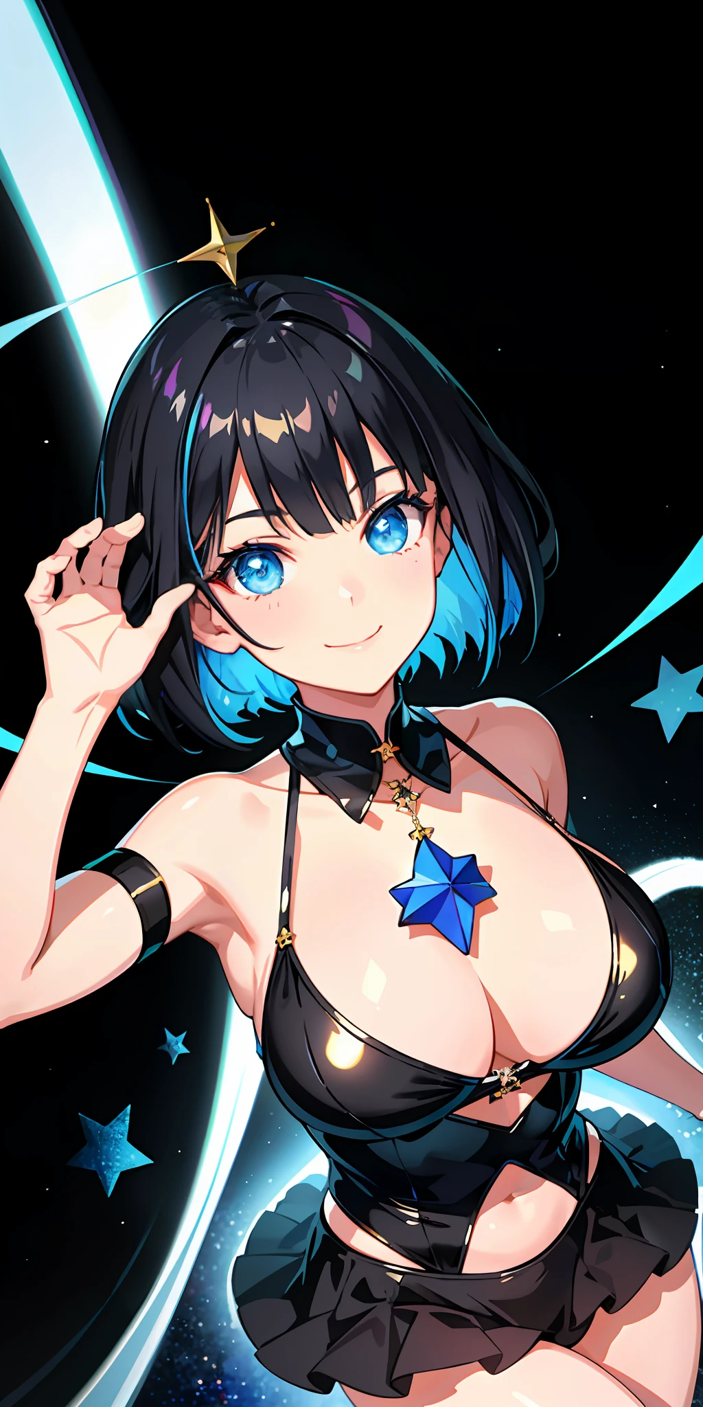 1girl, bright, black hair, short hair, blue eyes, star motif, multicolored hair, saleme, head mask, side light, light particles, wallpaper, big, plump, idol, swimsuit, loose fluffy, smile, gentle, clear, cheerful