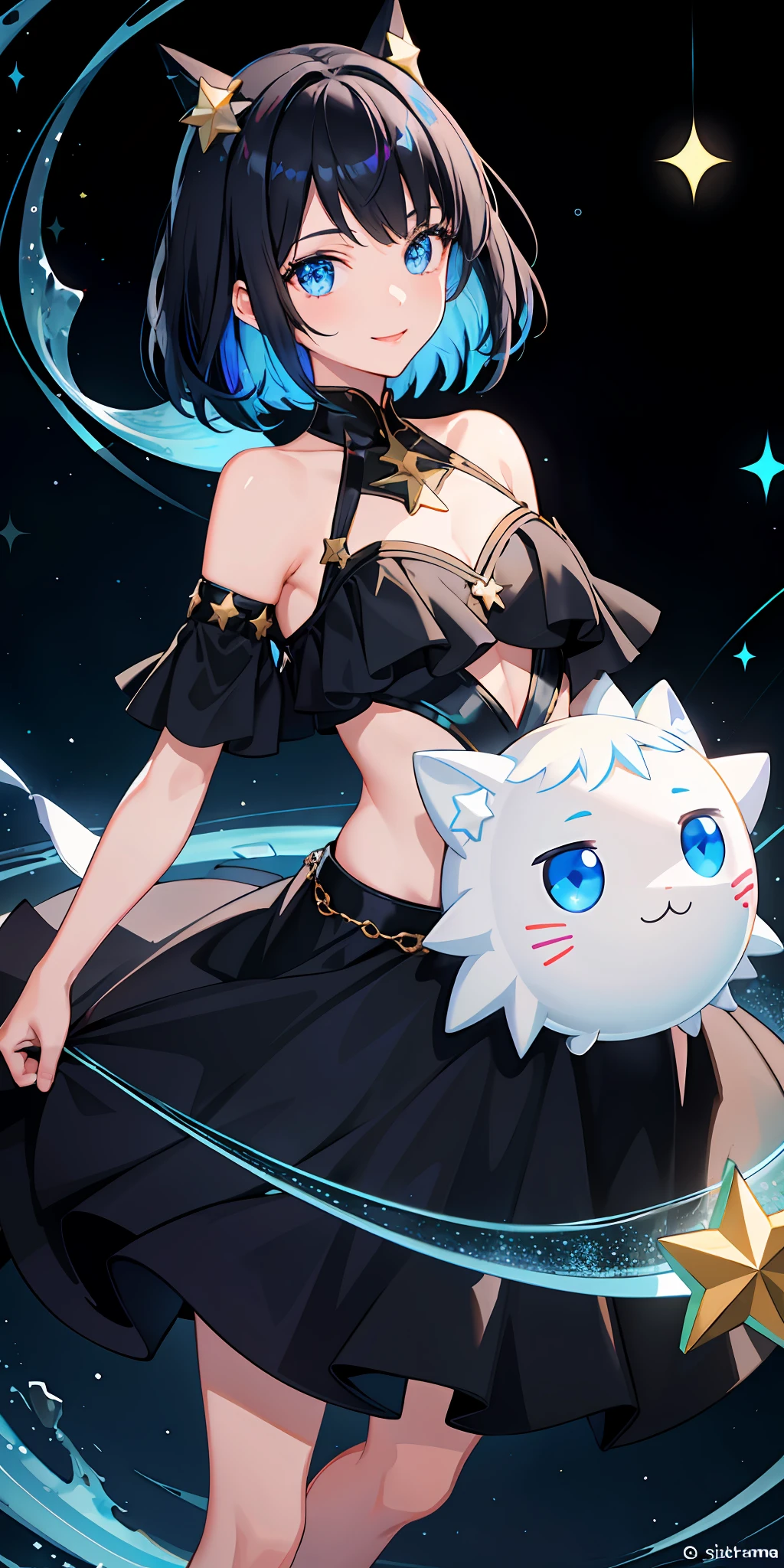 1girl, bright, black hair, short hair, blue eyes, star motif, multicolored hair, saleme, head mask, side light, light particles, wallpaper, big, plump, idol, swimsuit, loose fluffy, smile, gentle, clear, cheerful
