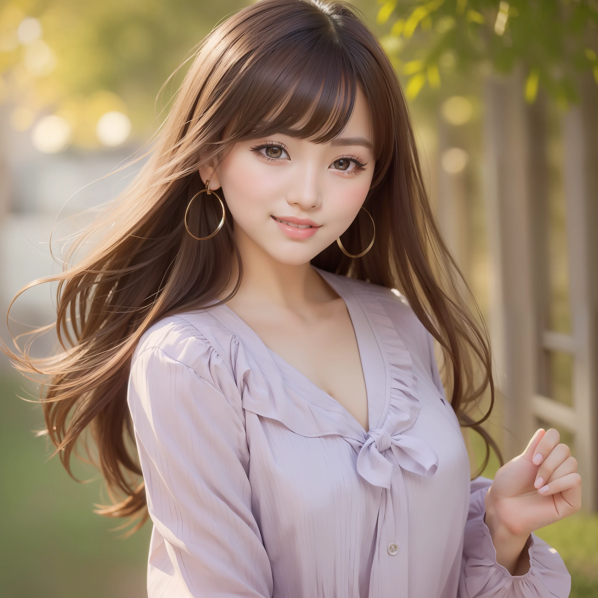 (((wink))), best quality, masterpiece, photorealistic break beautiful Japan young girl, (cute face), (cute brown eyes), (eyeshadow: 1.2), (bright lips: 1.2), break shining smile: 1.3), wearing a sexy blouse, ((long hair))