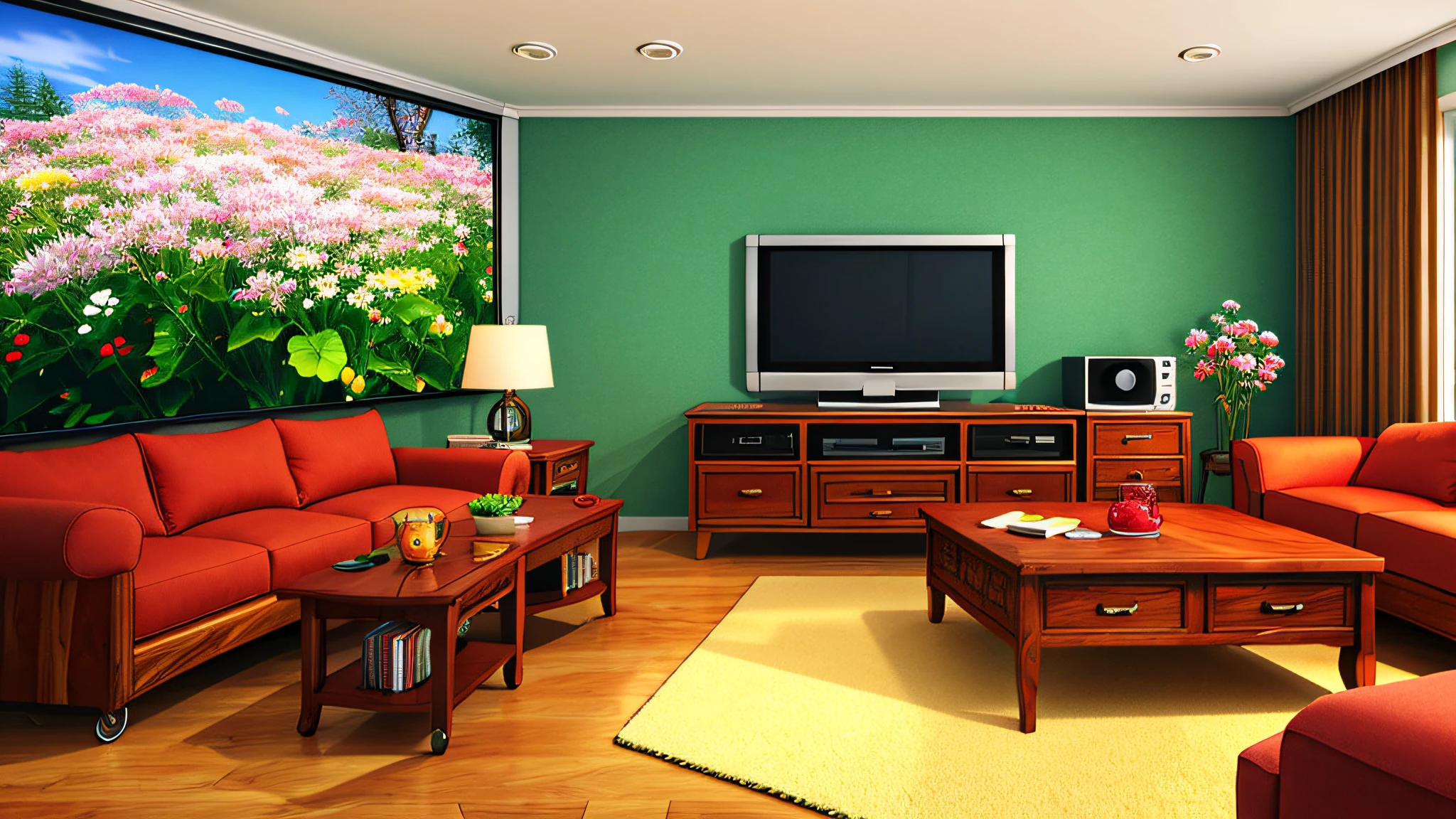 Realistic cartoon living room with clear and clear background, sofa, low table, chair, TV, wood and flowers, best quality, masterpiece, detailed lighting, wide angle lens