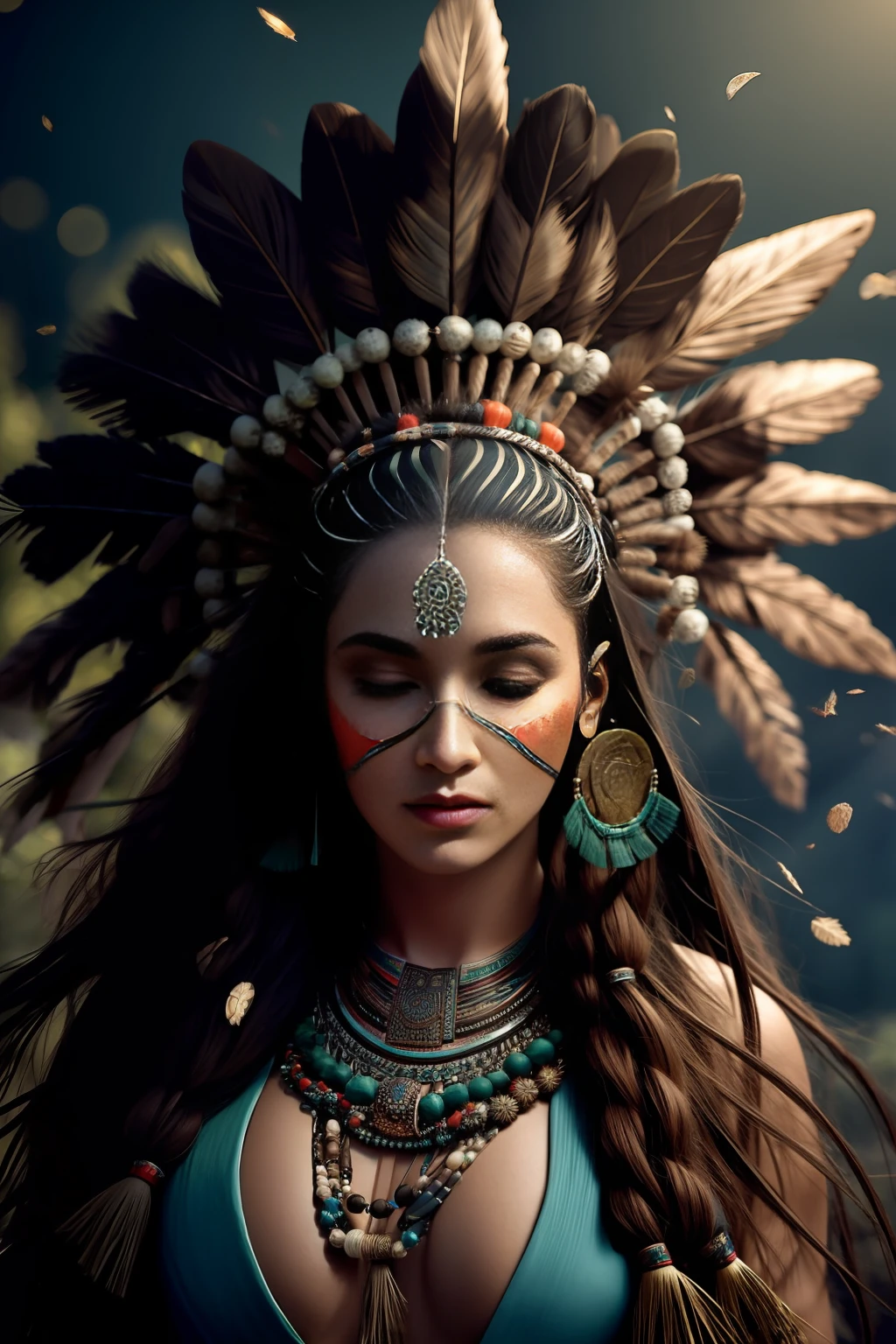 (full portrait), (half shot), solo, detailed background, detailed face, (stonepunkAI, stone theme:1.1), wise, (female), (native american), (beautiful hair, braids:0.2), shaman, septum piercing, mystical, (gorgeous face), stunning, head tilted upwards, (eyes closed, serene expression), calm, meditating, Seafoam Green frayed clothes, prayer beads, tribal jewelry, feathers in hair, headdress:0.33, jade, obsidian, detailed clothing, cleavage, realistic skin texture, (floating particles, water swirling, embers, ritual, whirlwind, wind:1.2), sharp focus, volumetric lighting, good highlights, good shading, subsurface scattering, intricate, highly detailed, ((cinematic)), dramatic, (highest quality, award winning, masterpiece:1.5), (photorealistic:1.5), (intricate symmetrical warpaint:0.5),