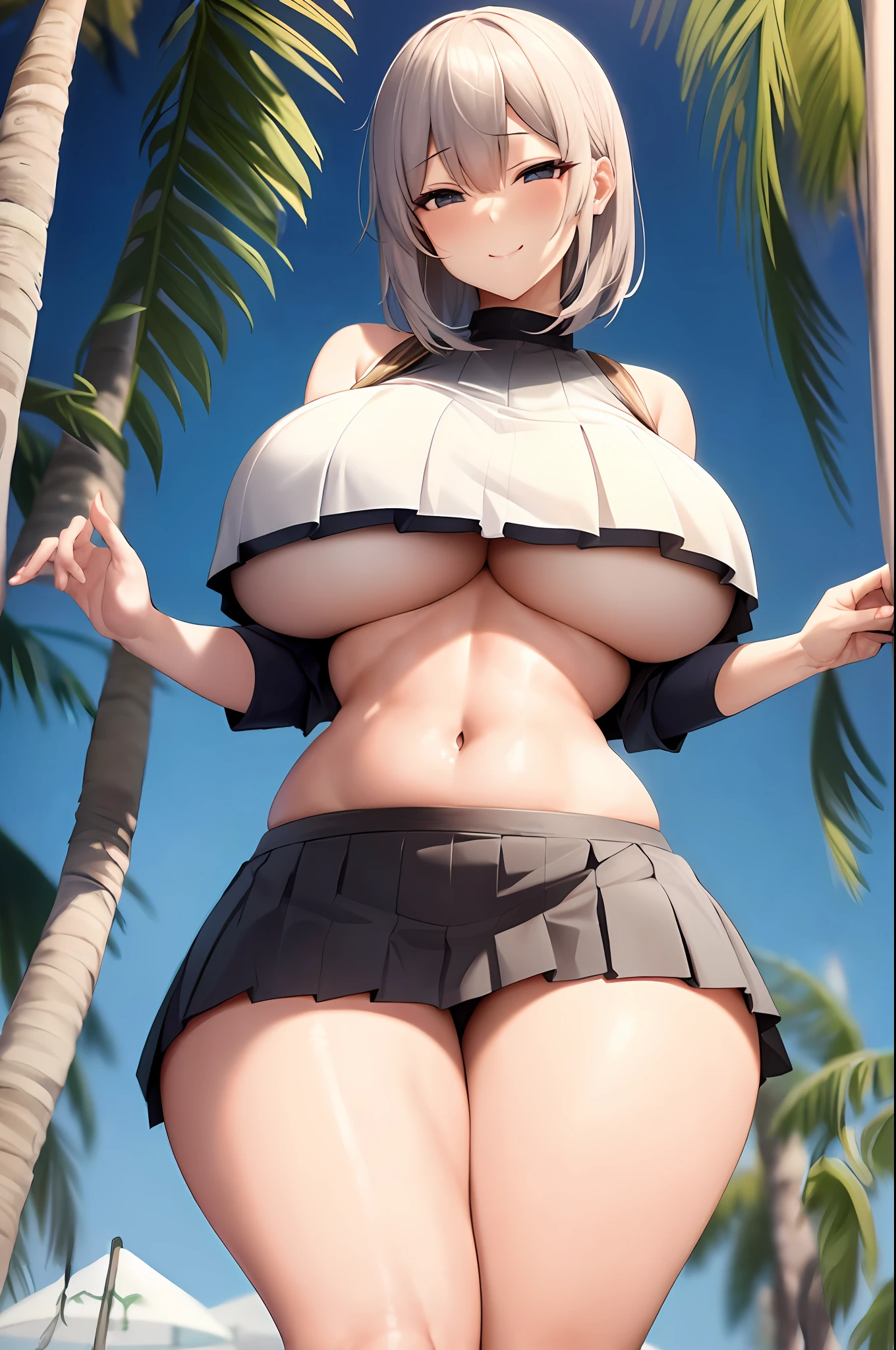 1 girl,solo,(uzakitsuki:1.1),(crop top,pleated skirt:1.3),(underboob:1.3),(wide hips:1.4),(huge thighs:1.4),from below, beach,palm trees,white thigh highs,smile, gigantic breasts,