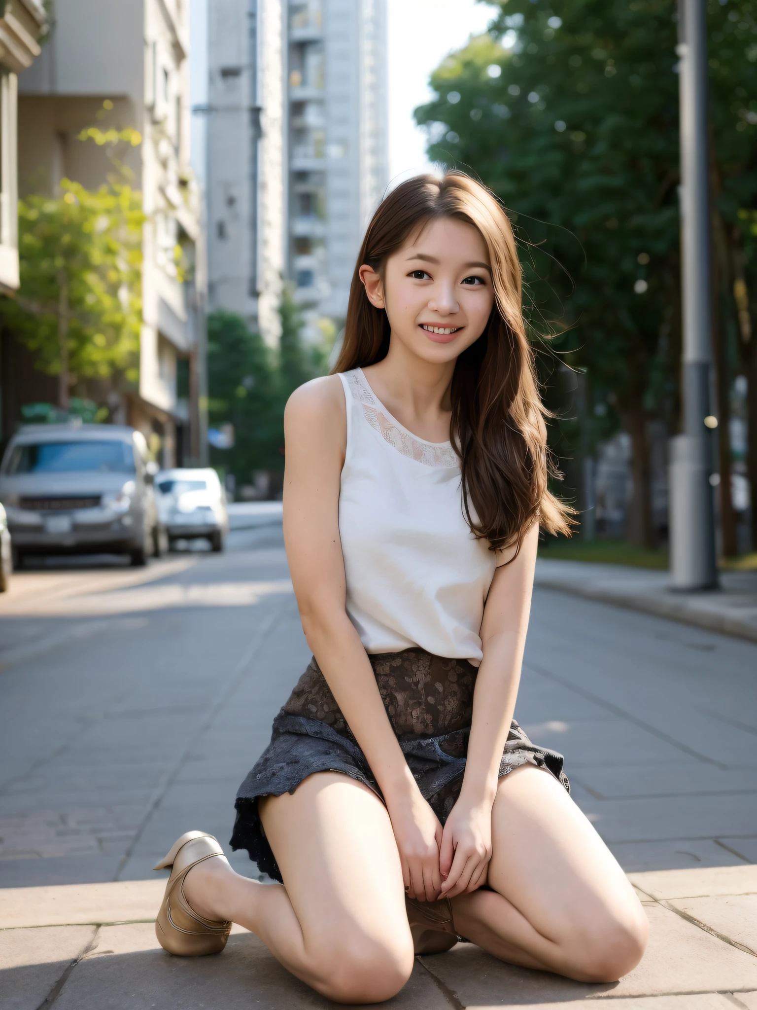 Petit teen portrait of 18 years old cute beautiful perfect face, she is a happy and beautiful Japan person, moving the center of gravity back, quite embarrassing, without panties, thin legs, 90 degree knees, heels on the ground, hands in front of feet, hugging feet, kneeling, sidewalk, RAW photos, 8K, highest quality, super high resolution, beautiful face to detail, realistic human skin, gentle expression, front view, angle from below, long hair, realistic, photorealistic, cute, (short skirt: 0.5), full body, legs open, (spread legs: 3.0), lace underwear visible