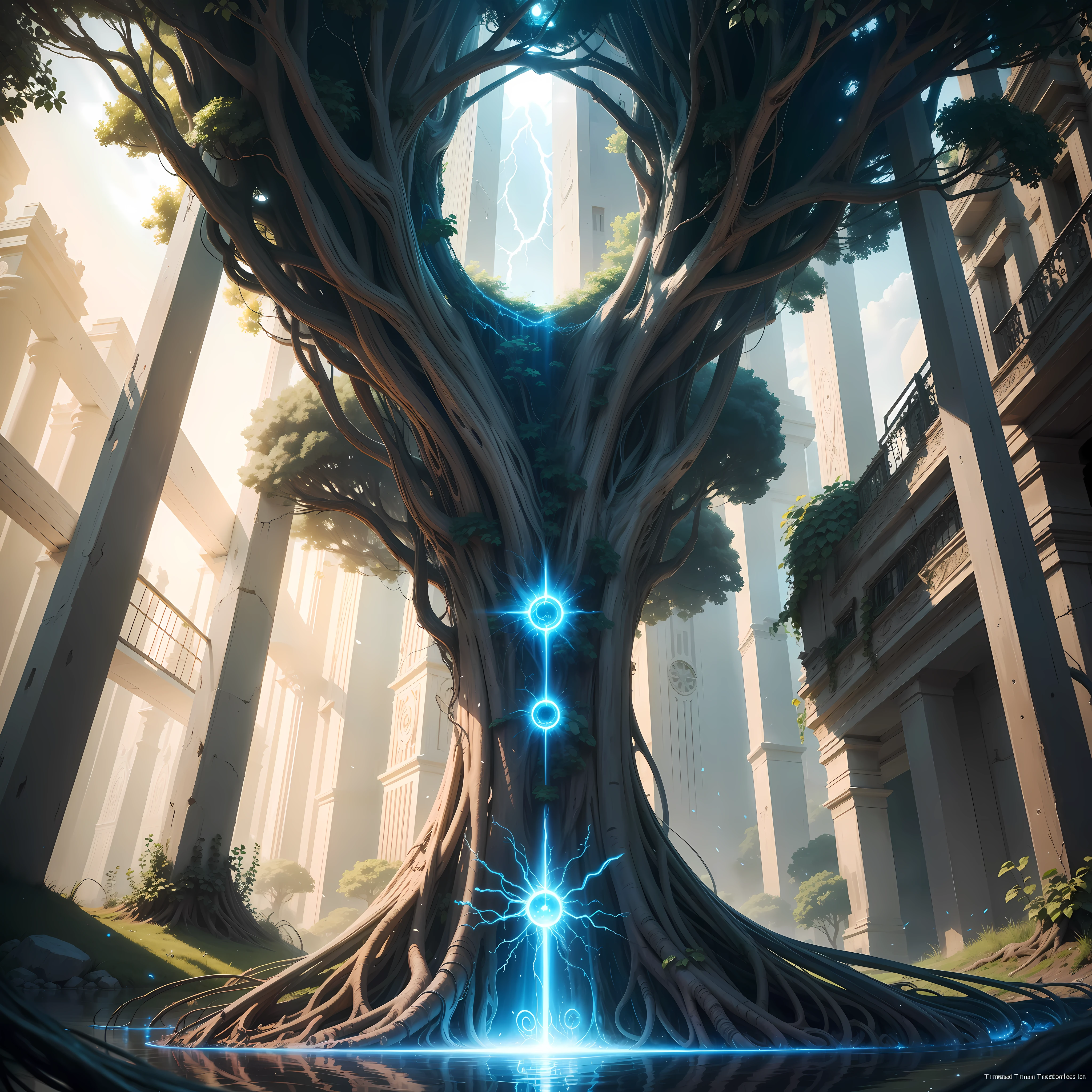 Future portal with rays and tangled roots