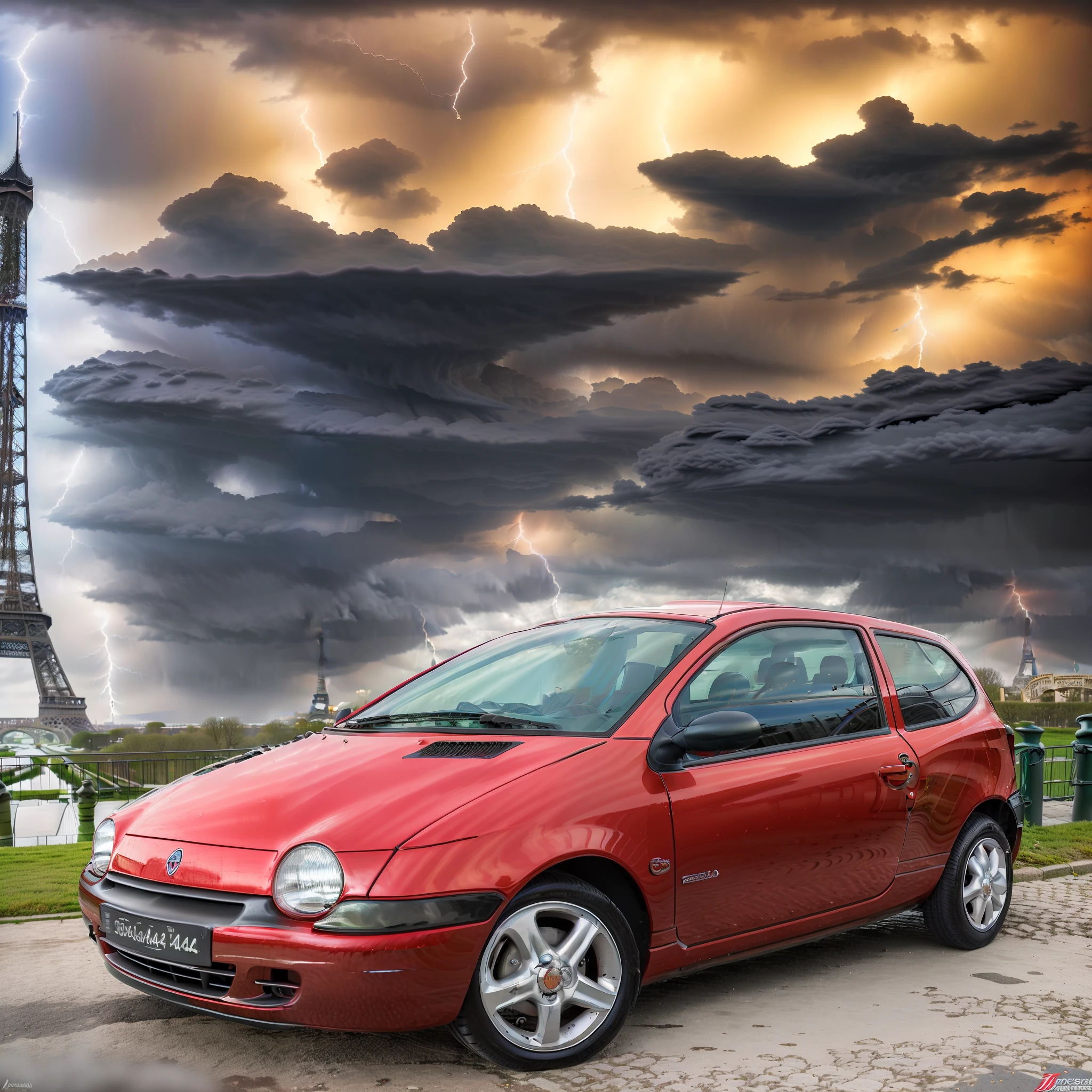 (masterpiece,high quality),(a pearly red CORSA GM[pearly red:1.1],standing in front of the eiffel tower,[storm in the background:1.2] with lightning in the sky)