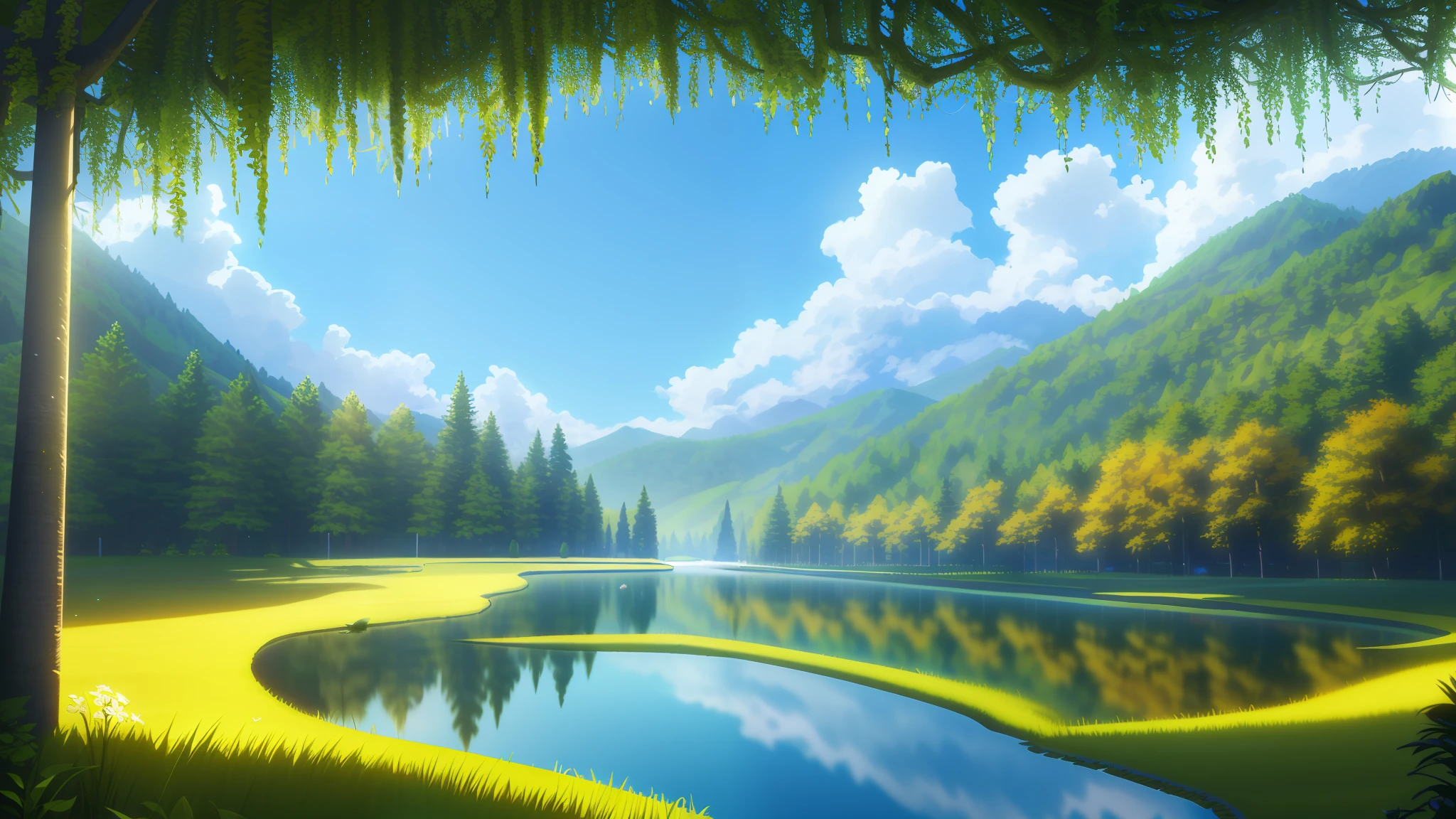 Best quality, highly detailed, unreal engine, octane rendering, thin and slender, detailed face, 8K high resolution, laughing, reflections traced by rays, 8K high resolution, masterpiece, (MJ: 0.2), a beautiful lush valley with vibrant trees and flowers, cozy