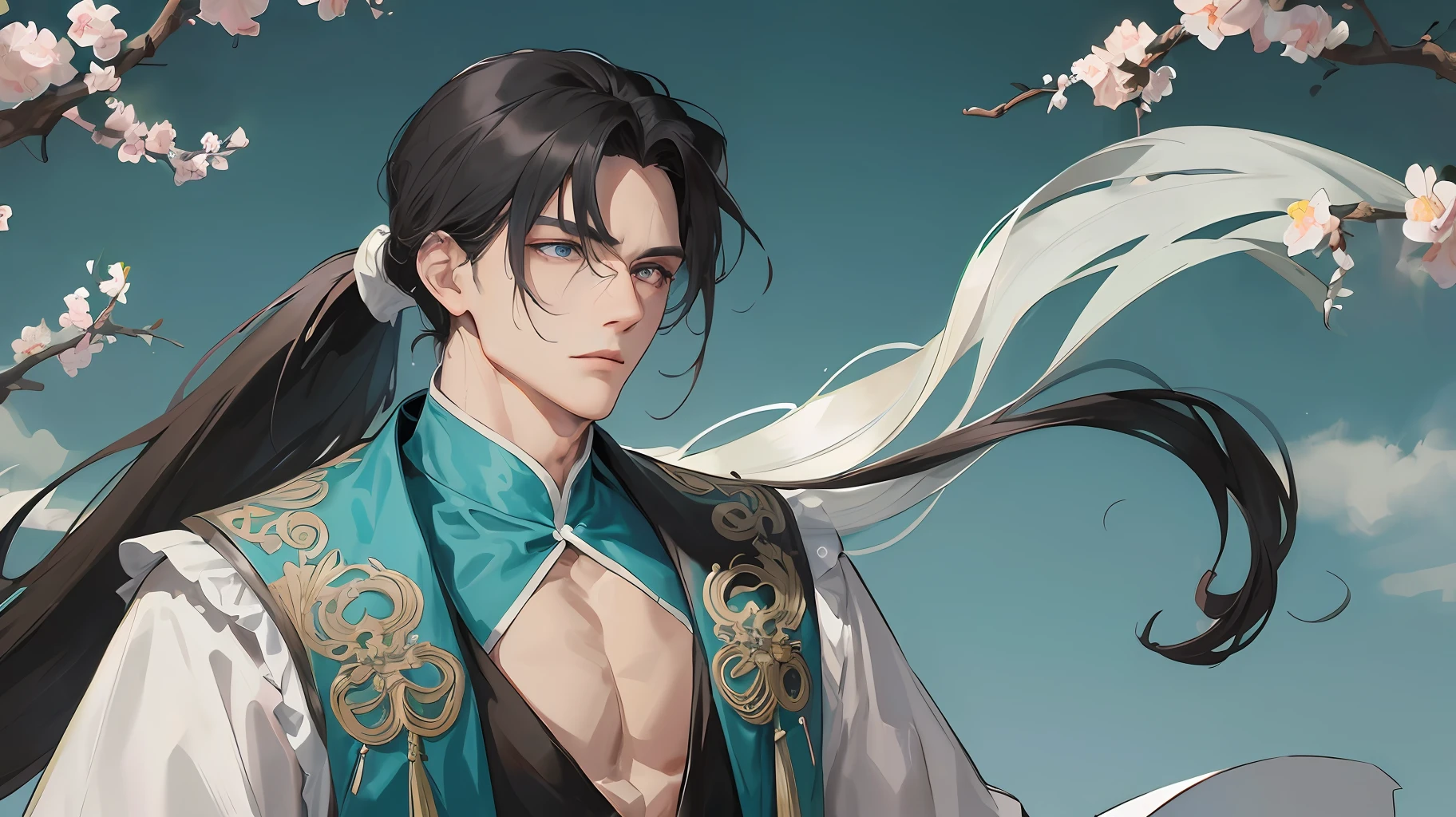 Masterpiece, best, a man, chinoiserie, ancient china, black hair, gray blue eyes, split hair, long hair, long bangs, high ponytail, handsome, masculine, gentle, tall, quiet, teal robe, outdoors, cloak, Branches, windy, young man, with a steady expression and a boxing posture