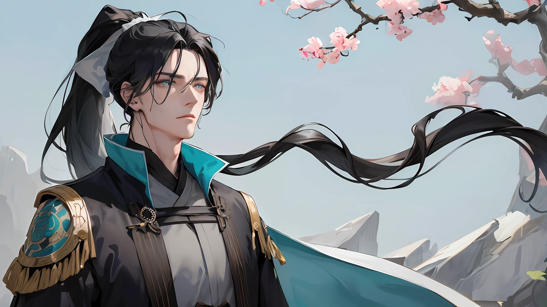 Masterpiece, best, a man, chinoiserie, ancient china, black hair, gray blue eyes, split hair, long hair, long bangs, high ponytail, handsome, masculine, gentle, tall, quiet, teal robe, outdoors, cloak, Branches, windy, young man, with a steady expression and a boxing posture