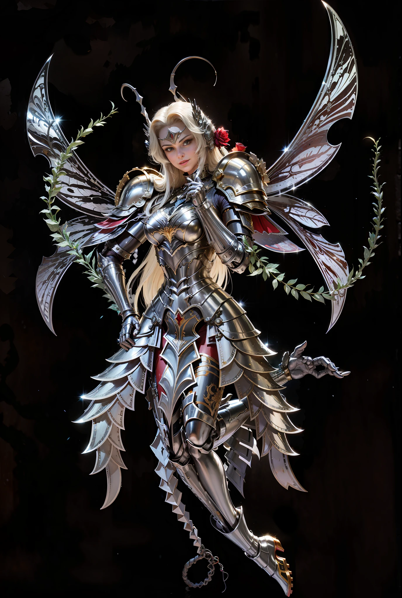 High quality, a woman in armor, smile, vintage gorgeous armor, metallic texture, a red rose in left hand, left leg upturned, 8K, realism, correct anatomy, perfect limbs, perfect fingers, background blur, ray tracing