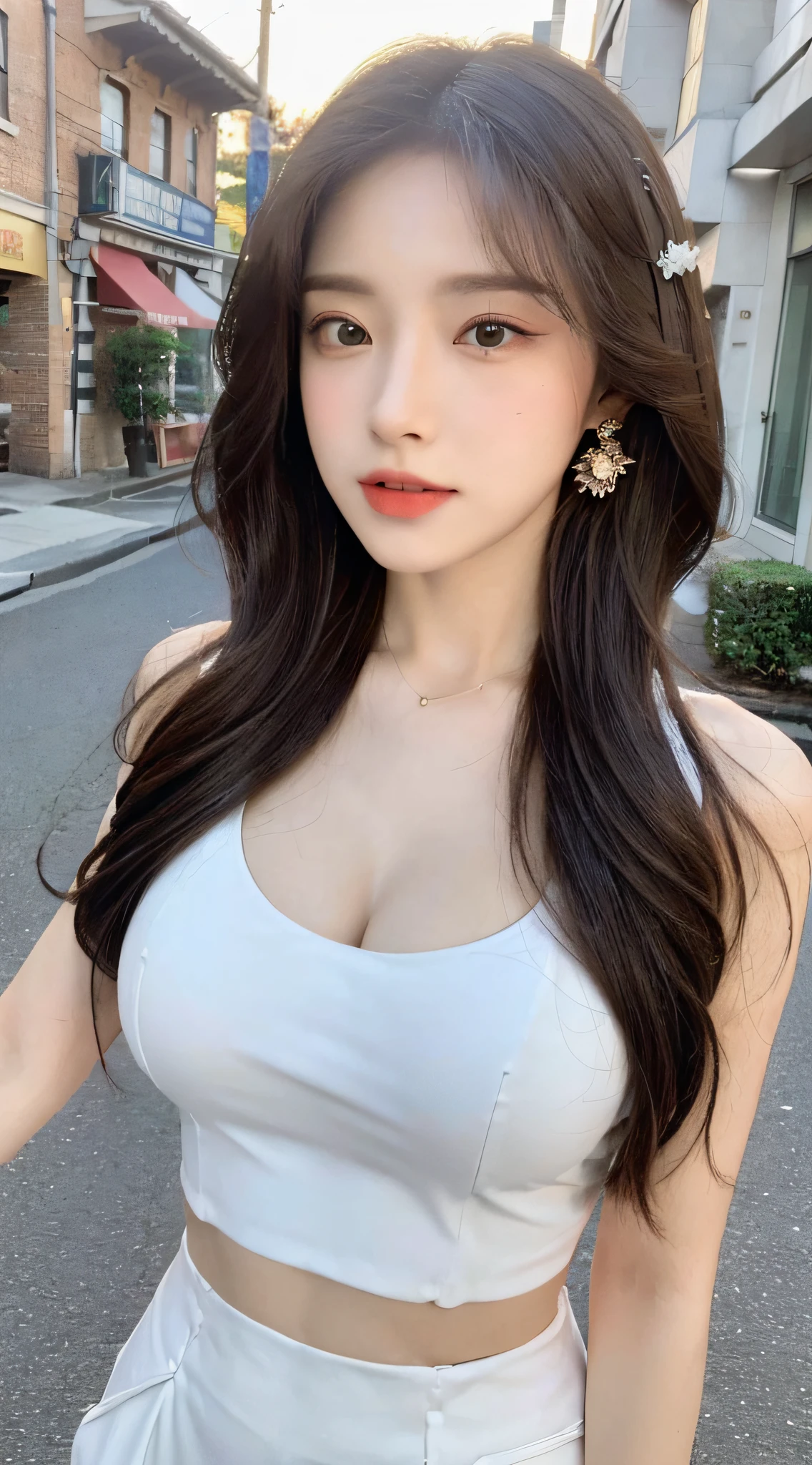 ((Best Quality, 8K, Masterpiece: 1.3)), (Cute Hairpin: 1.3), Focus: 1.2, Perfect Body Beauty: 1.4, Buttocks: 1.2, Very Large Breasts: 1.4 ((Layered Haircut: 1.2)), (Dark Street: 1.3), Highly detailed face and skin texture, Full body, delicate eyes, Double eyelids, whitened skin, long white slightly curly hair, (melon face: 1.5), (Low-cut professional wear: 1.6),