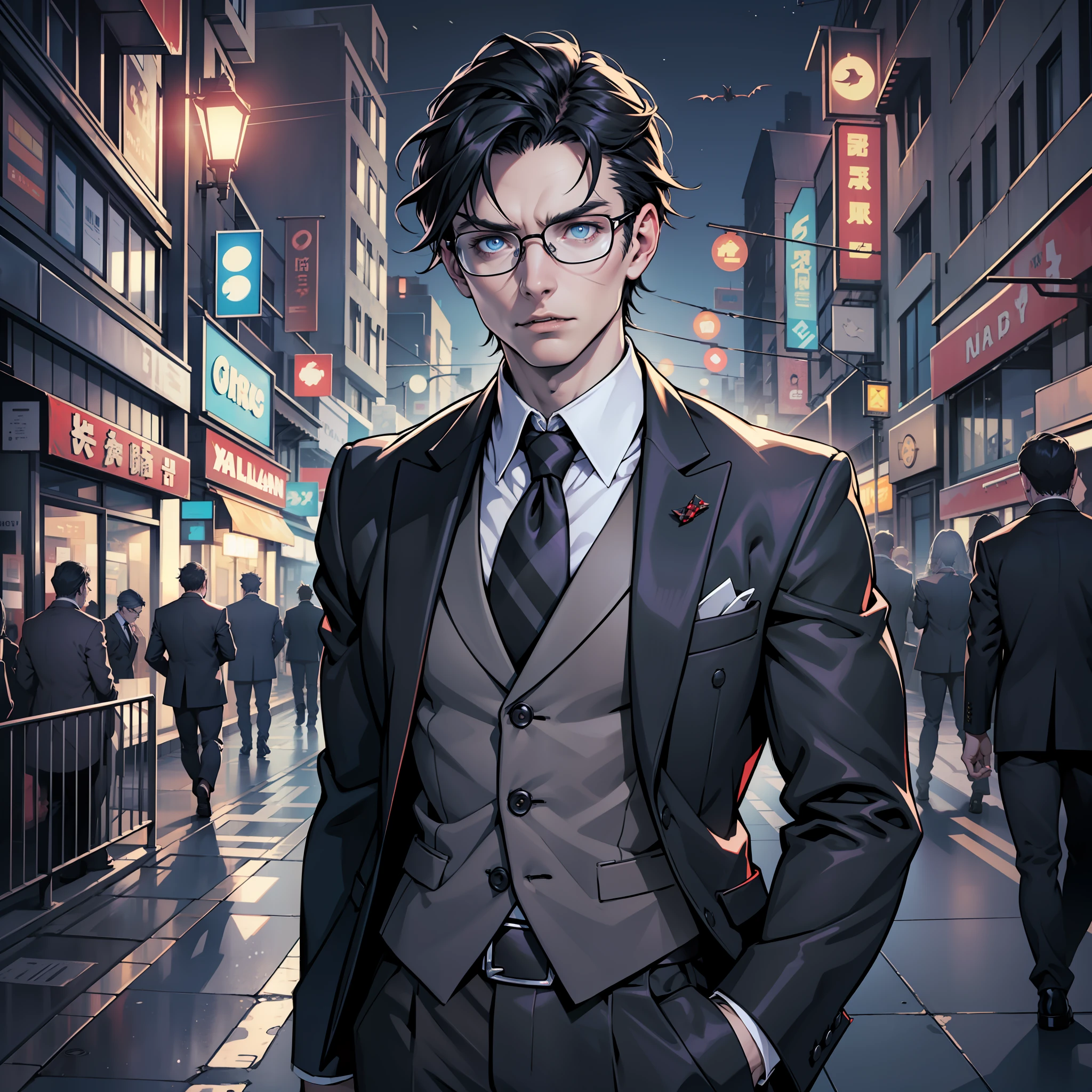 (extremely detailed 8k wallpaper), Vampire the Masquerade, modern horror, 2020s, young, wearing dark suit, sharp focus, (subsurface scattering:1.1), award-winning photography, centered face, face of Cillian Murphy, ((a Malkavian vampire))), half-body photo:1.1, short black hair, otherworldly blue eyes, expression of curiosity, doctor's glasses, big city street at night,  dramatic lighting