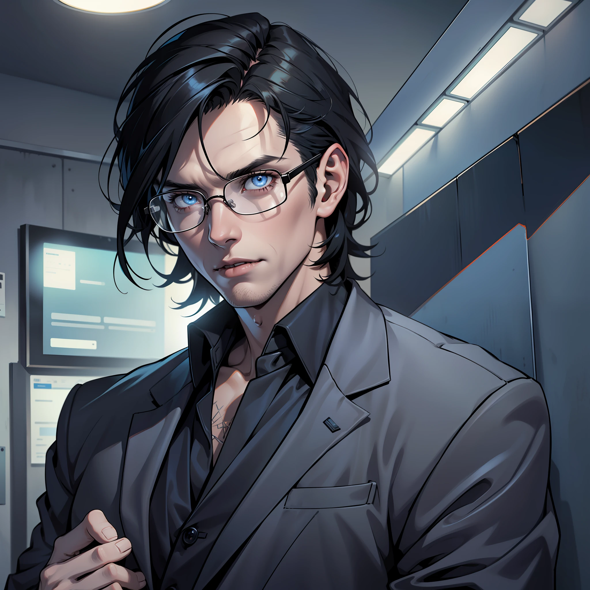 (extremely detailed 8k wallpaper), Vampire the Masquerade, modern horror, 2020s, young, wearing dark suit, sharp focus, (subsurface scattering:1.1), award-winning photography, centered face, face of Cillian Murphy, ((a Malkavian vampire))), half-body photo:1.1, short black hair, supernatural blue eyes, expression of curiosity, doctor's glasses, interior of psychiatric clinic at night, dramatic lighting