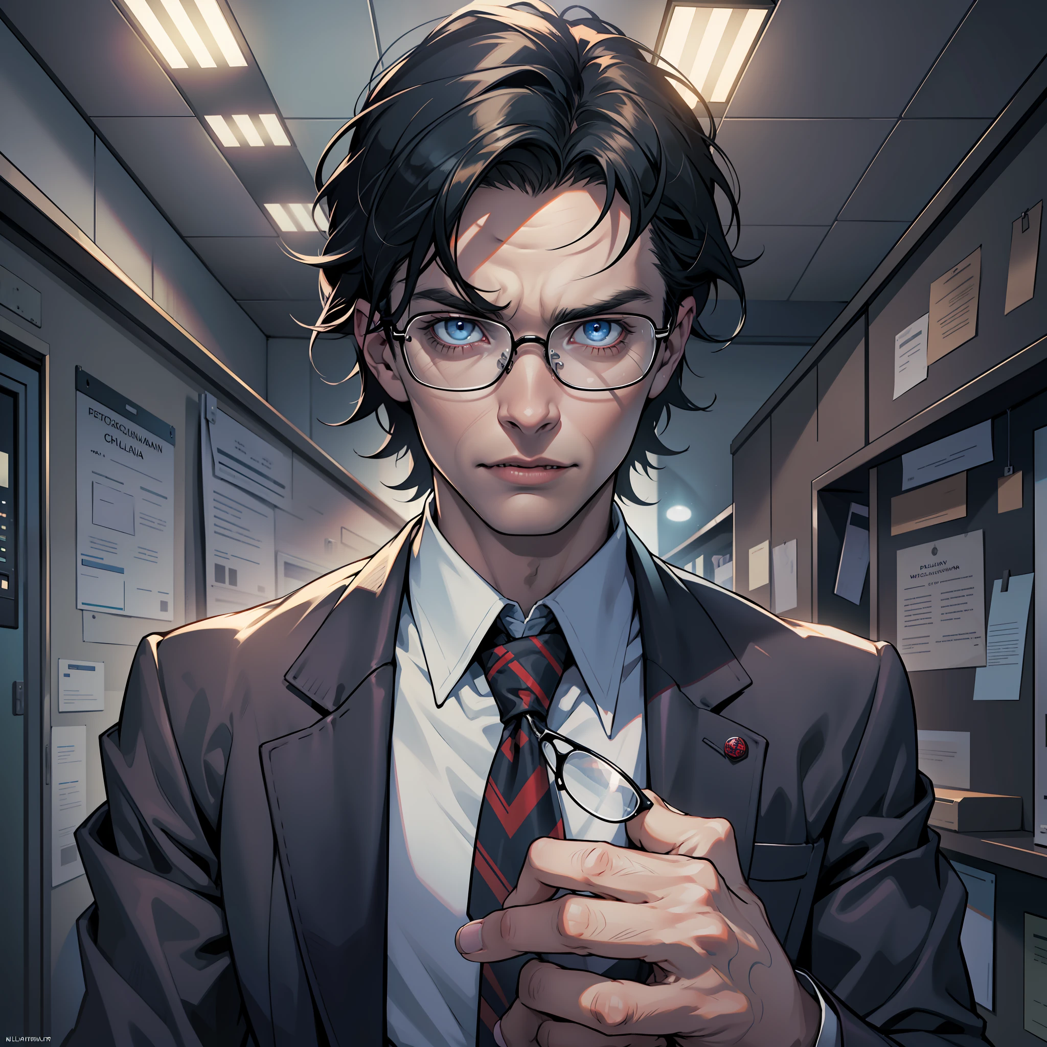 (extremely detailed 8k wallpaper), Vampire the Masquerade, modern horror, 2020s, young, wearing dark suit, sharp focus, (subsurface scattering:1.1), award-winning photography, centered face, face of Cillian Murphy, ((a Malkavian vampire))), half-body photo:1.1, short black hair, supernatural blue eyes, expression of curiosity, doctor's glasses, interior of psychiatric clinic at night, dramatic lighting