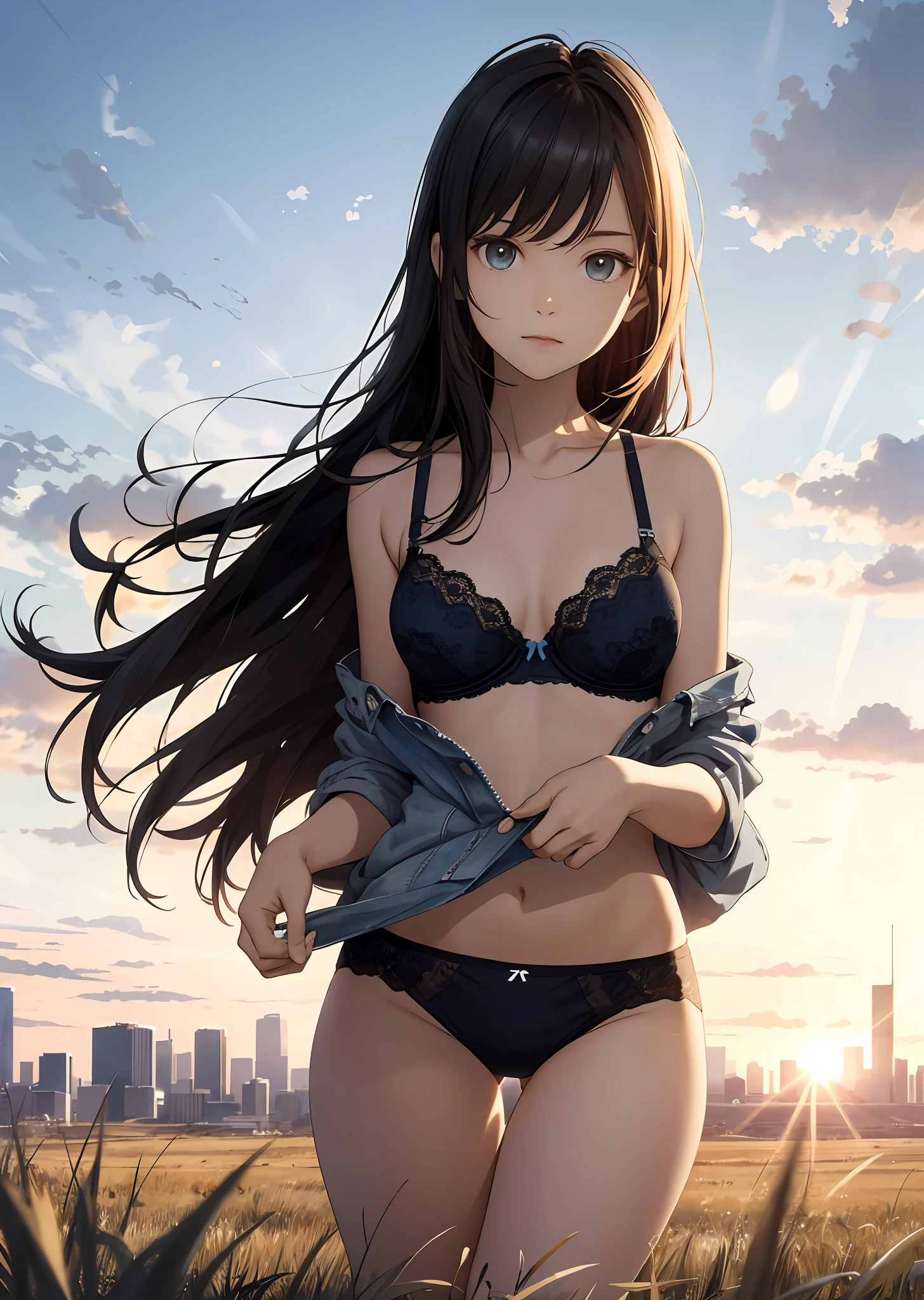 Vast sky, beautiful skyline, wide grasslands, very tense and dramatic pictures, moving visual effects, hanging high Polaris, colorful natural glare. Girl in bra and panties