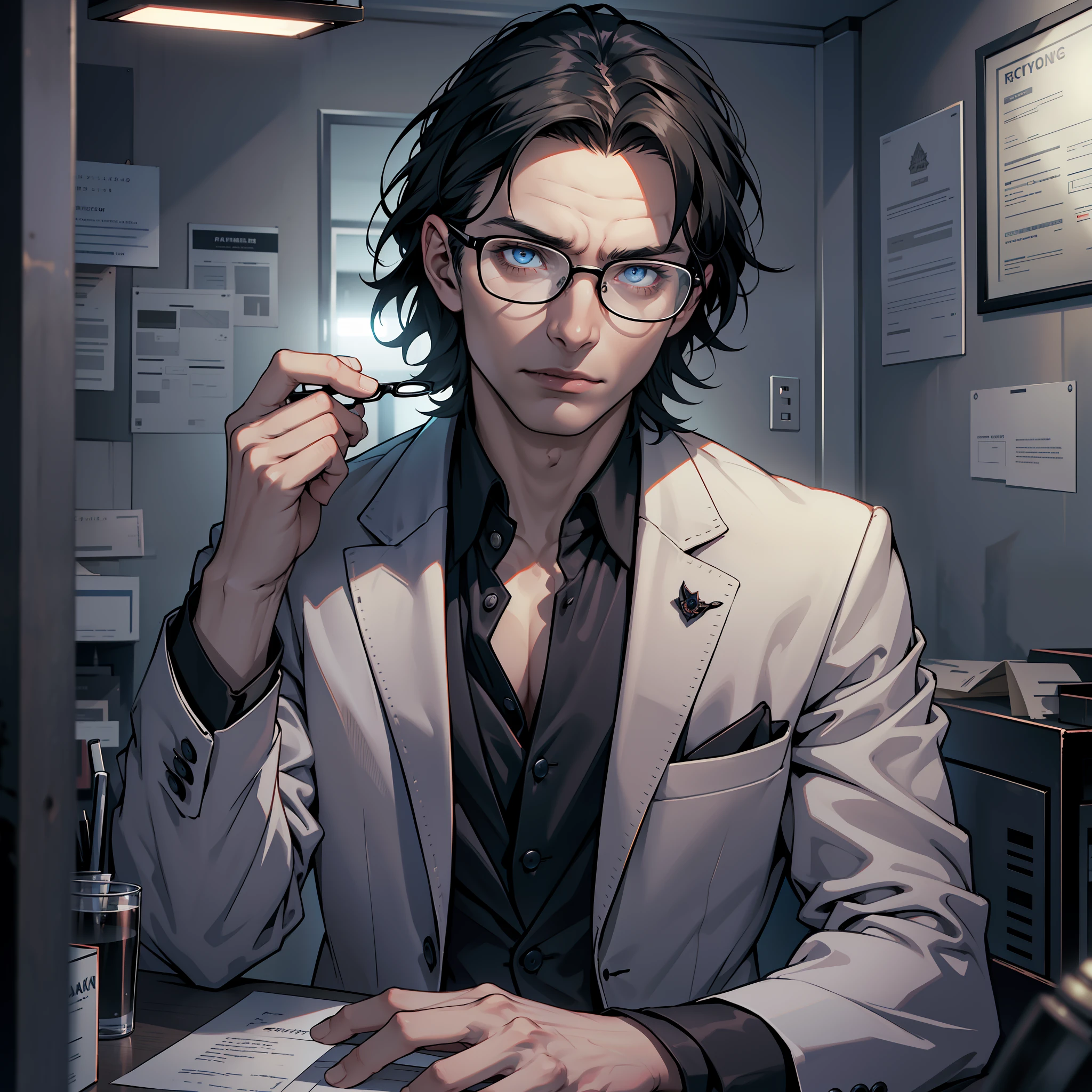 (extremely detailed 8k wallpaper), Vampire the Masquerade, modern horror, 2020s, young, wearing dark suit, sharp focus, (subsurface scattering:1.1), award-winning photography, centered face, face of Cillian Murphy, ((a Malkavian vampire))), half-body photo:1.1, short black hair, supernatural blue eyes, expression of curiosity, doctor's glasses, interior of psychiatric clinic at night, dramatic lighting