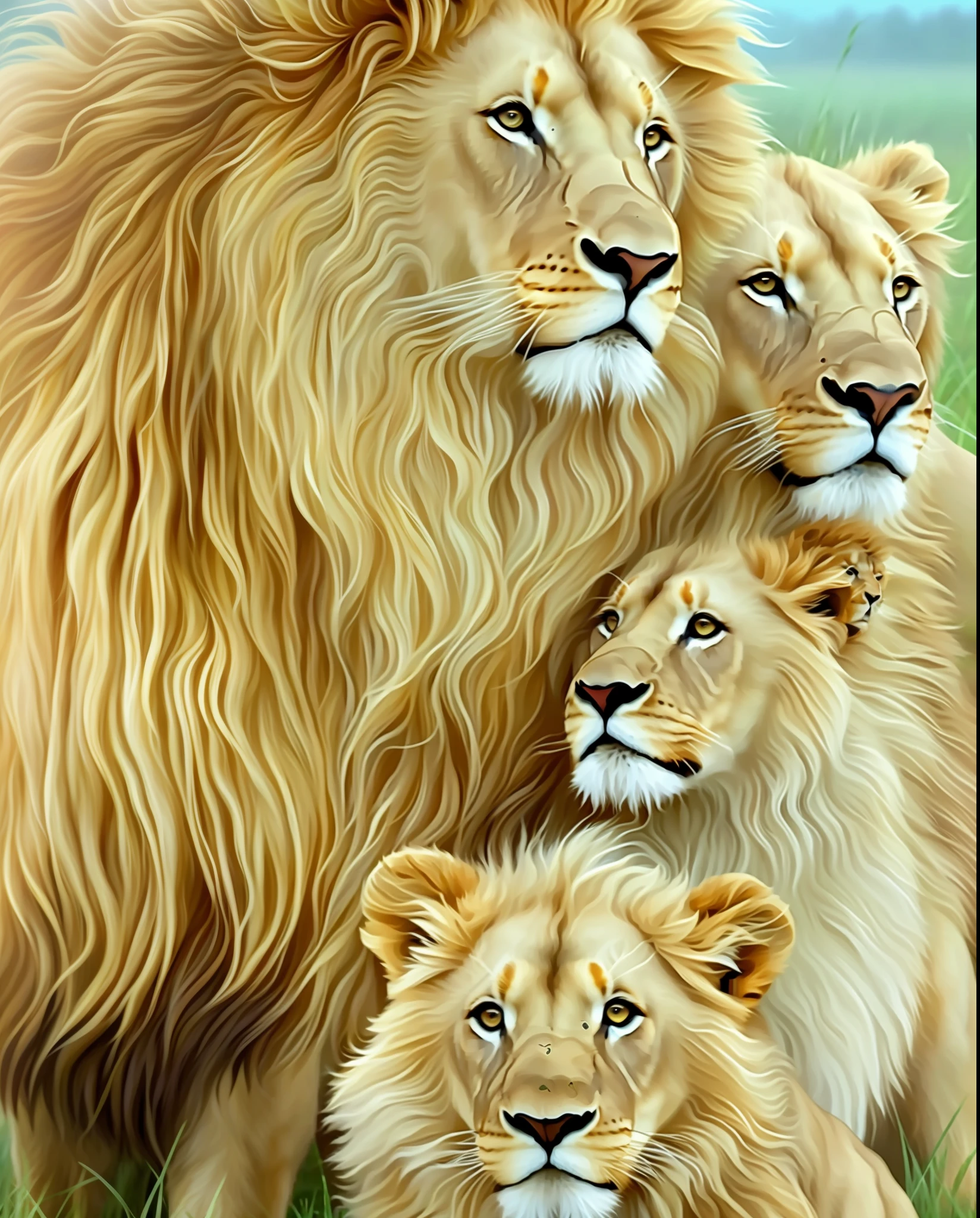 painting of a lion and her cubs in a field of grass, lions, family portrait, detailed beautiful animals, majesty, majestic!!! beautiful!!!, animal painting, majestic painting, by Juliusz Kossak, prideful look, with the mane of a lion, by Richard Mayhew, proud looking, by Darrell Riche, by Mark Tedin, by Howard Lyon