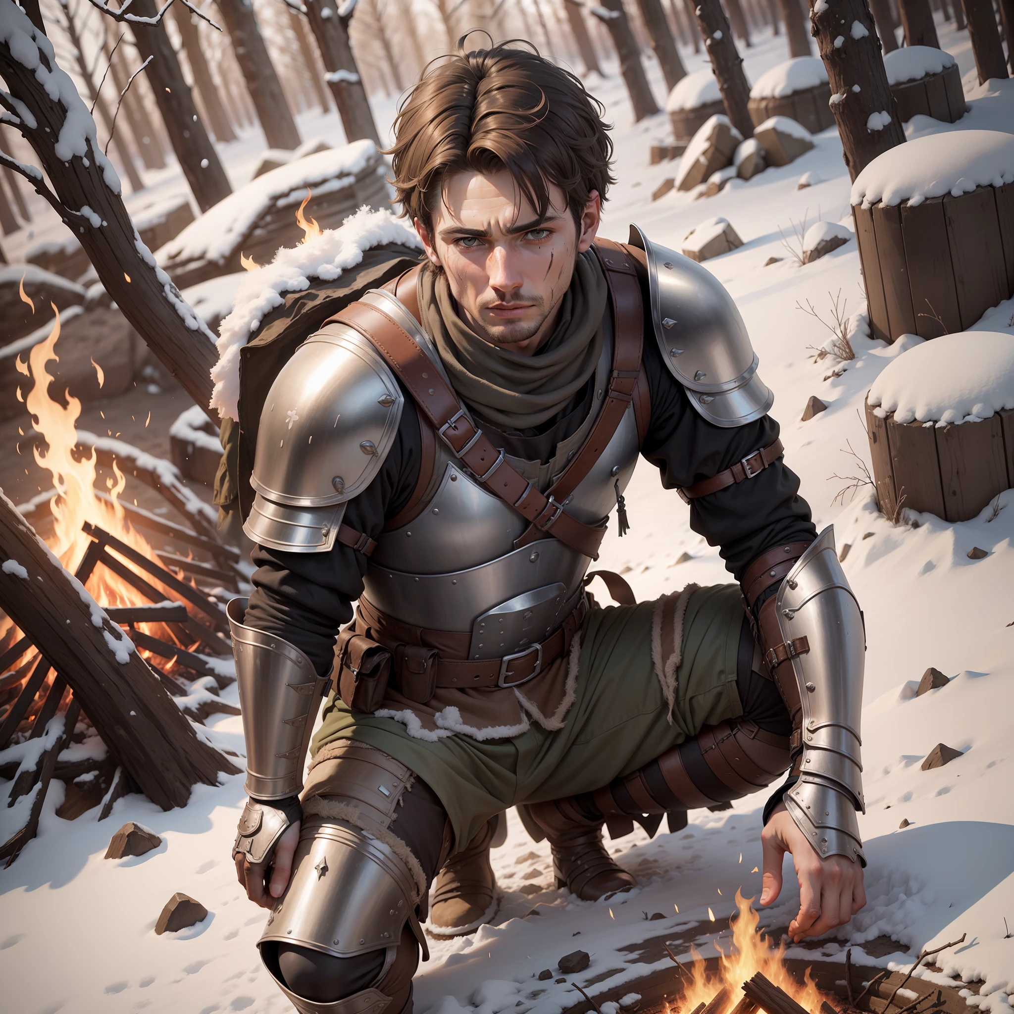 Ultra realistic image of a man with short, brown hair, wounded, dirty face, dressed in medieval armor, crouched before the ashes of a campfire, desert with snow