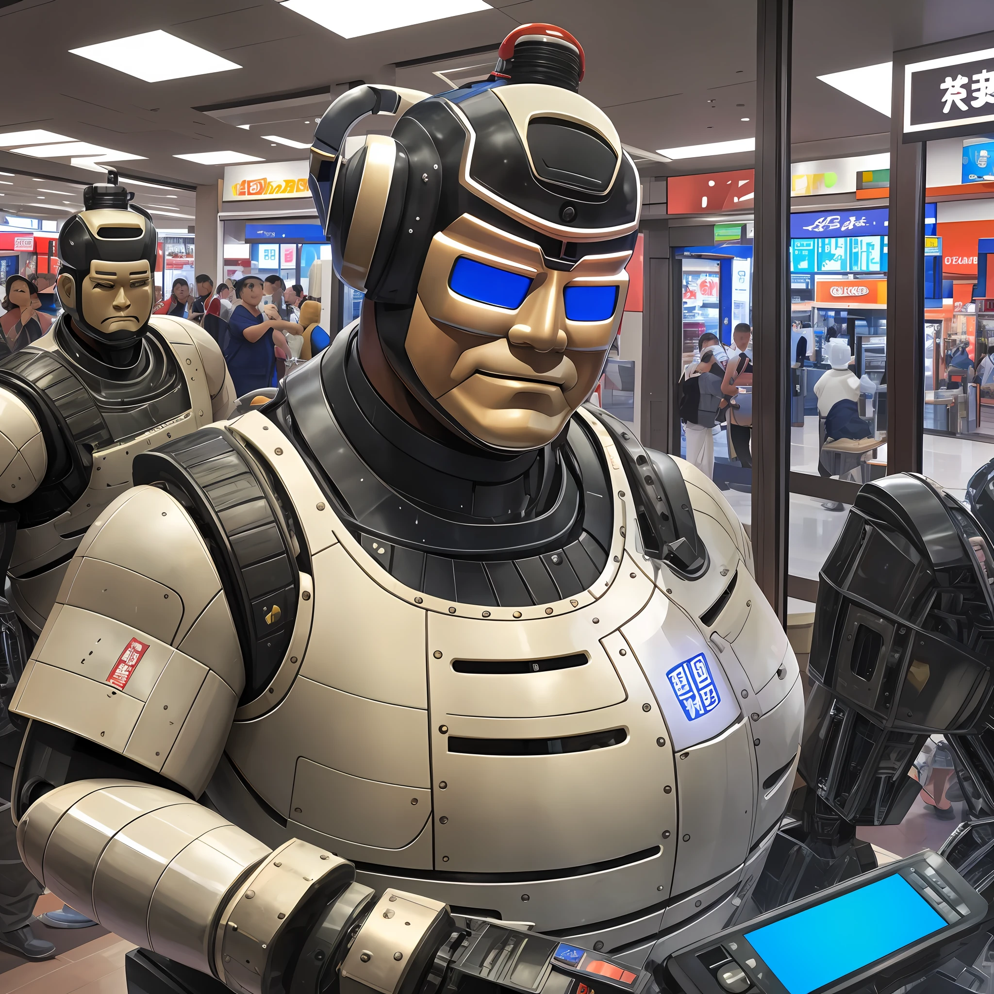 A sumo wrestler statue functioning as a receptionist robot. The robot, with its traditional sumo topknot, combines strength and approachability. The backdrop is a bustling scene of a shopping mall. The style is ultra-realistic, intricately detailed down to the smallest elements. The lighting is artificial, highlighting the robot's details and the atmosphere of the shopping mall. The colors are natural, emphasizing the harmony between the robot and the shopping mall. The composition uses a telephoto lens to emphasize the robot's presence. --ar 16:9 --v 5.1 --style raw --q 2 --s 750 --auto --s2