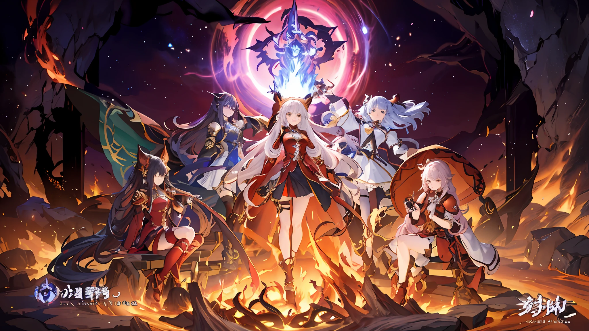anime characters in a dark cave surrounded by fire and flames, shadowverse style, fate grand order, 2. 5 d cgi anime fantasy artwork, anime epic artwork, anime fantasy artwork, anime fantasy illustration, shadowverse, cushart krenz key art feminine, characters from azur lane, by Yang J, macross frontier splash art, aion