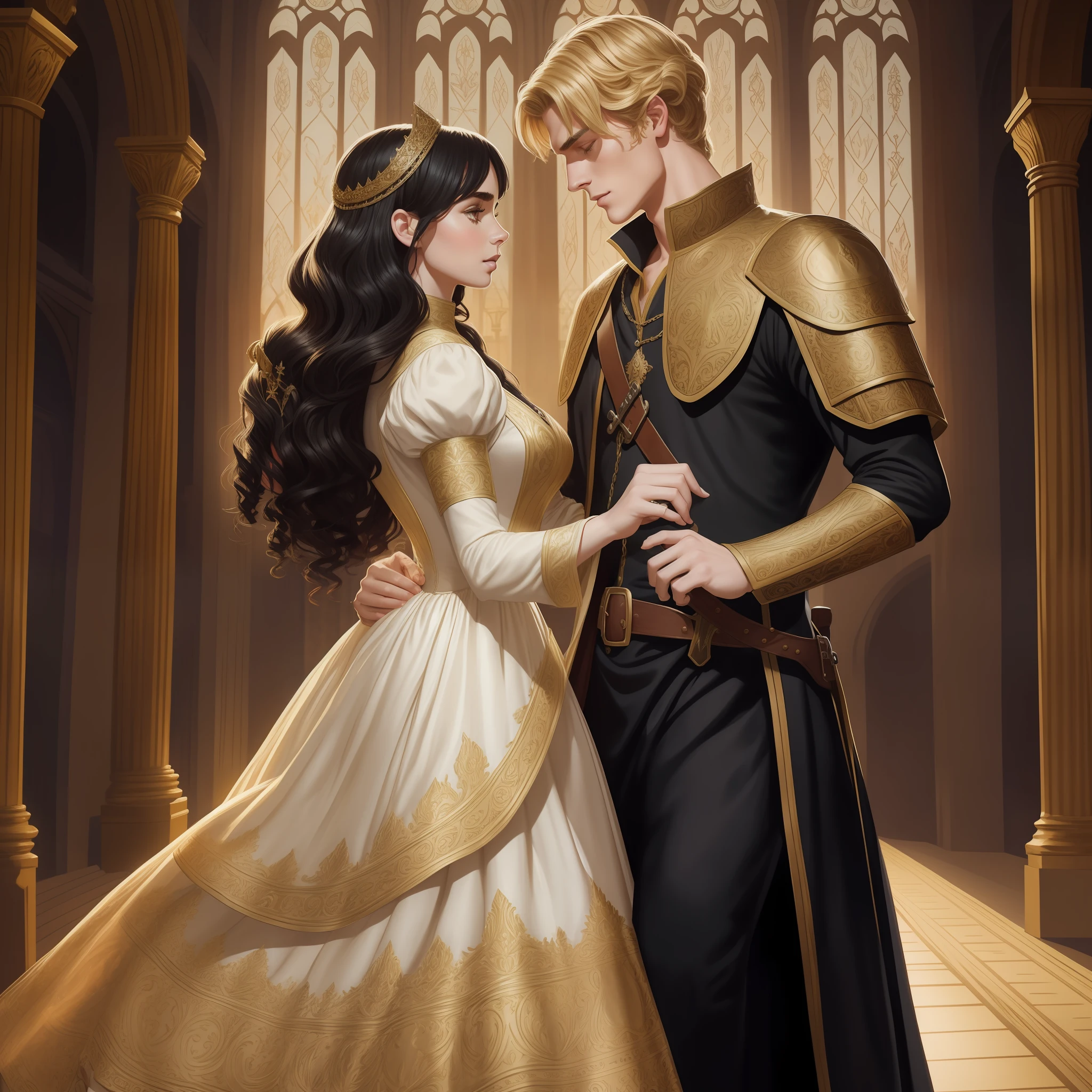 Lily Collins, who has curly black hair, wears a medieval dress; the Neels Visser wears a medieval military outfit and has blonde hair. The couple is waltzing in the ballroom. The illustration is like a book cover with a detailed, bright, illuminated, ultra detailed background, concept art, elegant, art by Greg Hildebrandt, Samyang