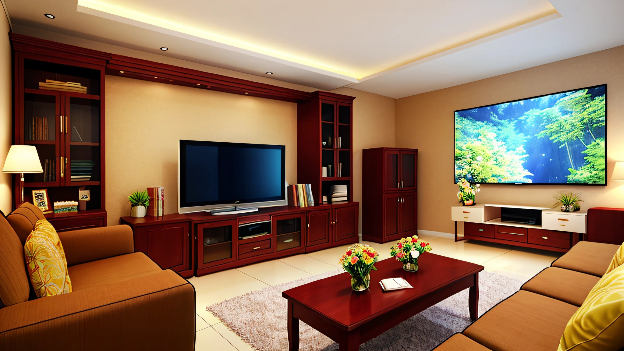 Realistic cartoon living room with clear and clear background, sofa, low table, chair, TV, wood and flowers, best quality, masterpiece, detailed lighting, wide angle lens