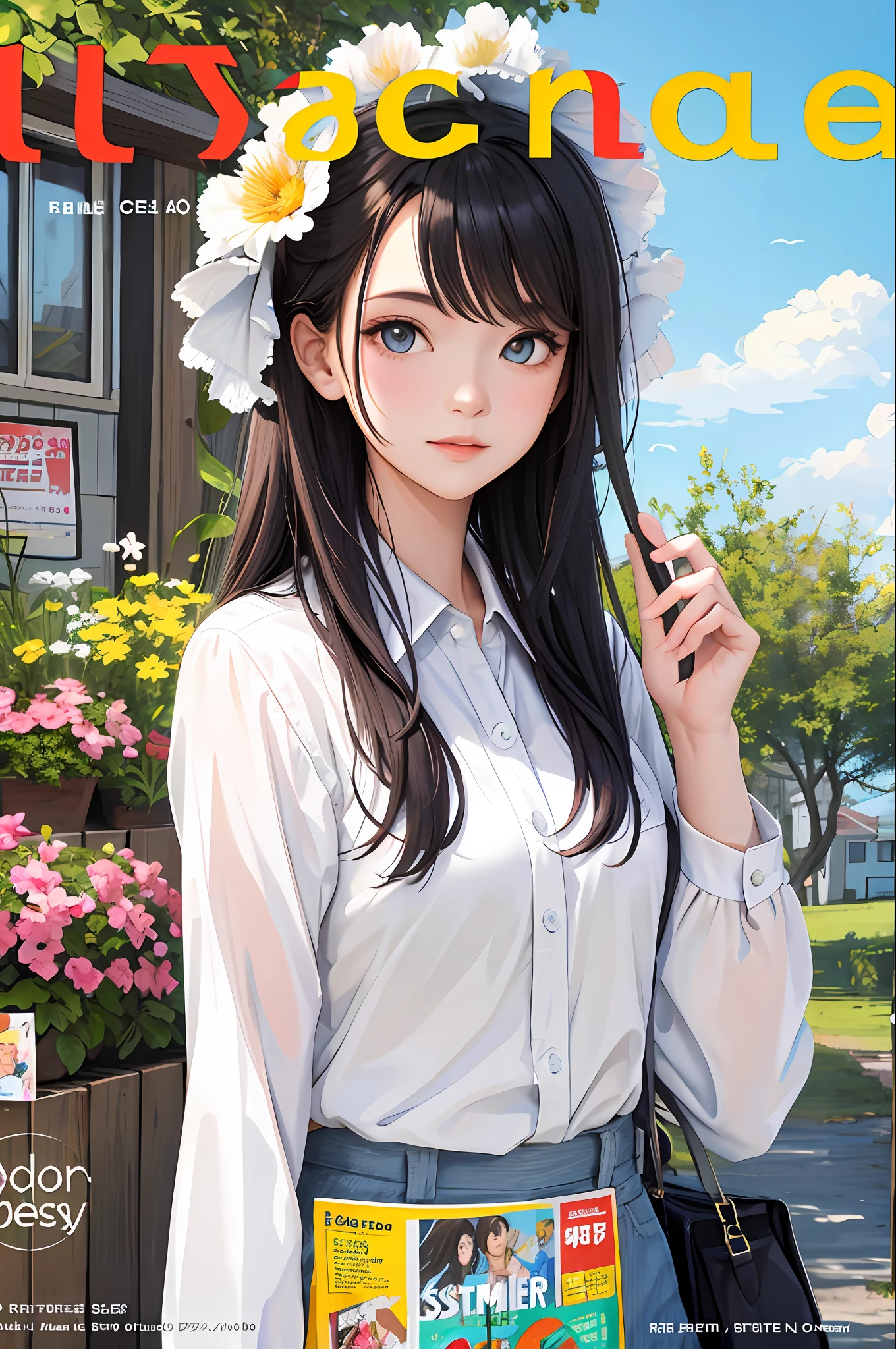 masterpiece, top quality, spring clothes, colorful hair, outdoors, magazine cover, upper body