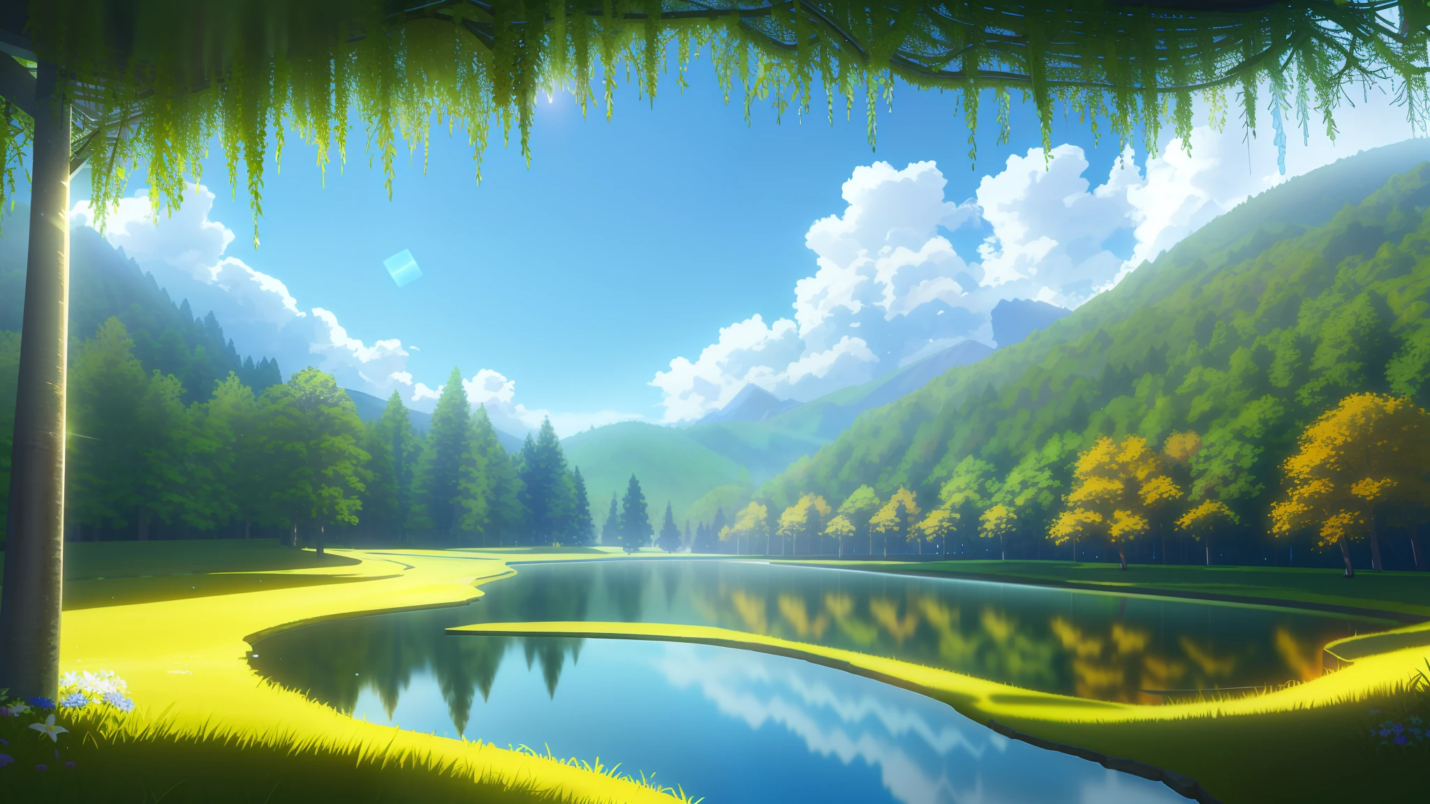 Best quality, highly detailed, unreal engine, octane rendering, thin and slender, detailed face, 8K high resolution, laughing, reflections traced by rays, 8K high resolution, masterpiece, (MJ: 0.2), a beautiful lush valley with vibrant trees and flowers, cozy