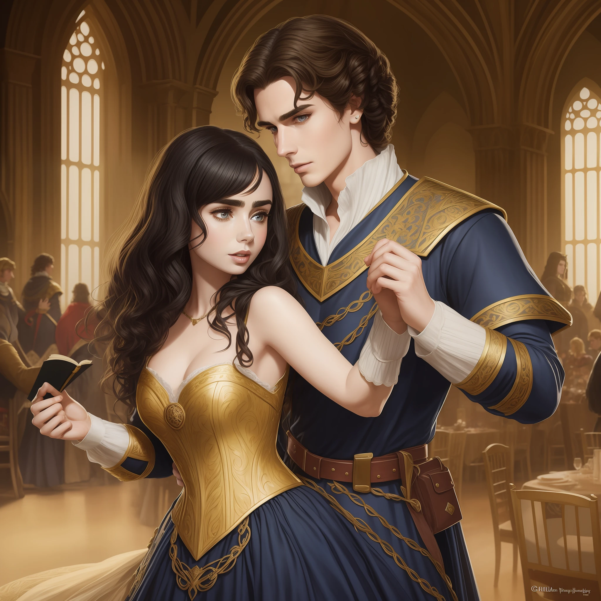 Lily Collins, who has curly black hair, wears a medieval dress. the Neels Visser wears a medieval military outfit and has blonde hair. The couple is waltzing in the ballroom. The illustration is like a book cover with a detailed, bright, illuminated, ultra detailed background, concept art, elegant, art by Greg Hildebrandt, Samyang