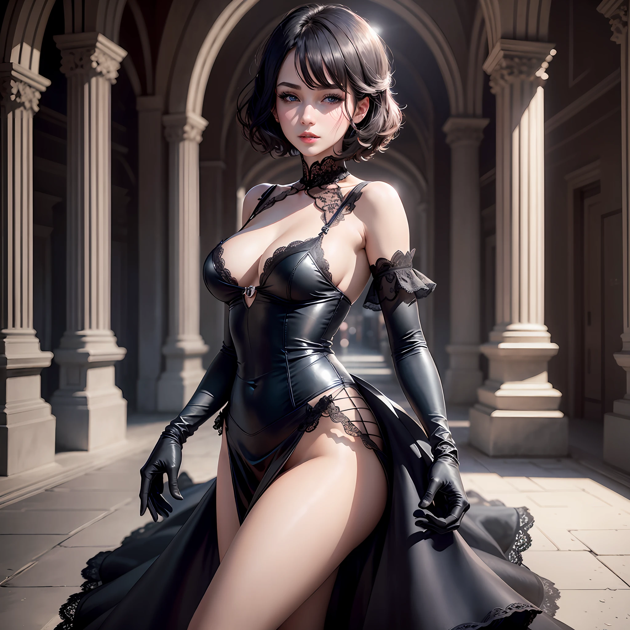 Best quality, best artist, best scenery, best lighting, a beautiful girl, short hair, wearing a black dress, black lace gloves on her hands, background scenery of a hospital, with diffuse lighting. Light blue eyes, fair skin, thin lips, delicate face.