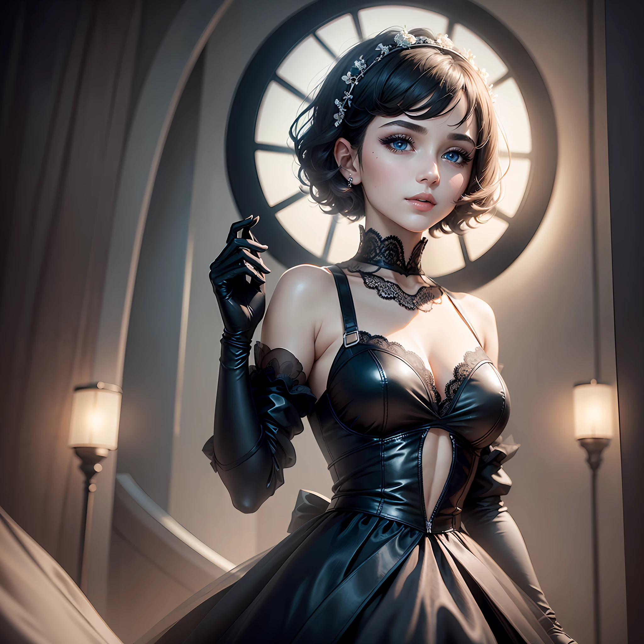 Best quality, best artist, best scenery, best lighting, a beautiful girl, short hair, wearing a black dress, black lace gloves on her hands, background scenery of a hospital, with diffuse lighting. Light blue eyes, fair skin, thin lips, delicate face.