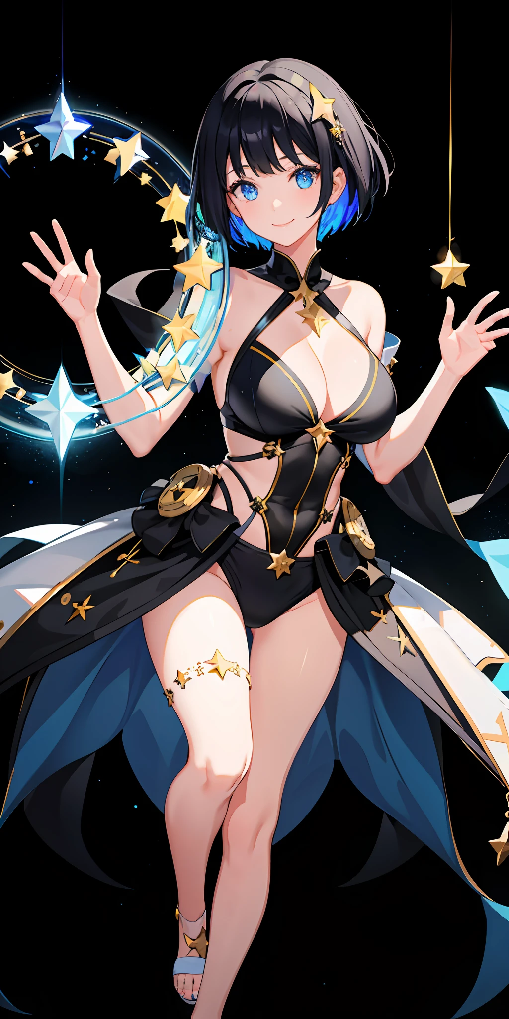 1girl, bright, black hair, short hair, blue eyes, star motif, multicolored hair, saleme, head mask, side light, light particles, wallpaper, big, plump, idol, swimsuit, loose fluffy, smile, gentle, clear, cheerful