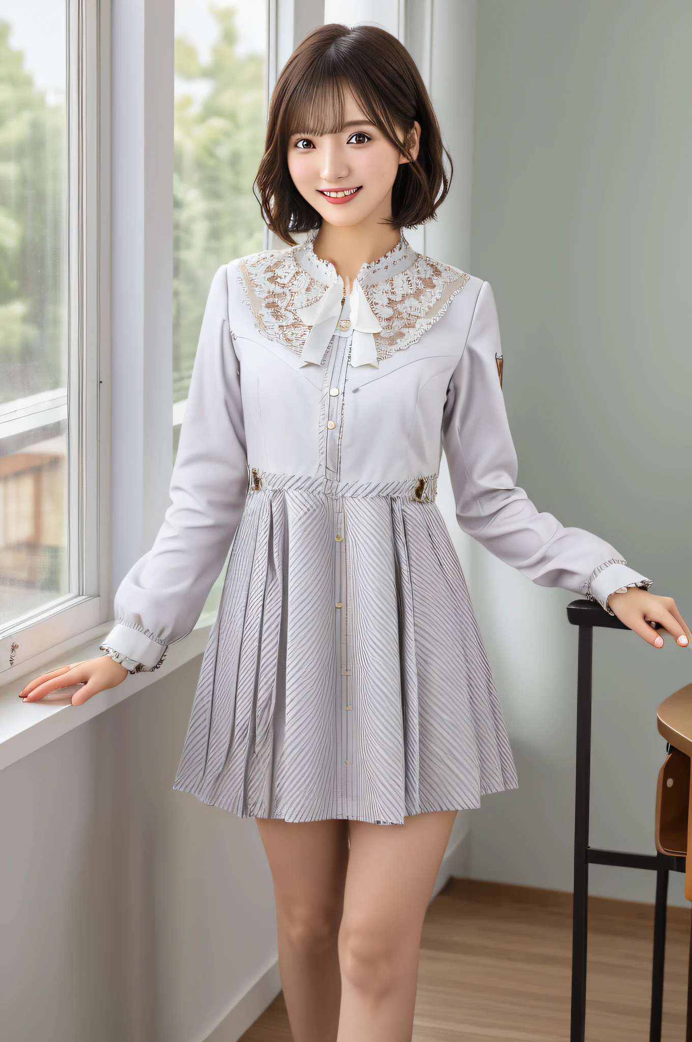 Masterpiece, (Realistic), High Definition CG Unified 8K Wallpaper, (HQ Skin: 1.2), 8K UHD, DSLR, High Quality, ((1 girl, 25 years old, dress, smile, standing near the classroom window, medium short hair, indoor)), black eyes, beautiful and detailed eyes, (real skin), beautiful skin, attractive, ultra high definition, ultra realistic, high definition, (beautiful detailed dress skirt: 1.2), detailed legs, (Spread legs: 0.9), (Lace panties: 0.9), (Windlift: 1.6)
