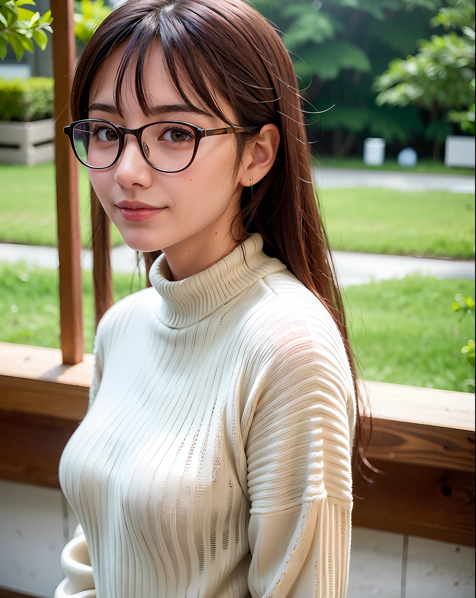 Top Quality, Face Focus, Soft Light, (Depth of Field), Ultra High Resolution, (Photorealistic: 1.4), RAW Photo, (Portrait: 1.4), (From Side: 1.2)
1 Japan girls, solo, cute, (shy, smile:1.1), (brown eyes), detailed beautiful face, (white knit that fits the body line), glasses,
