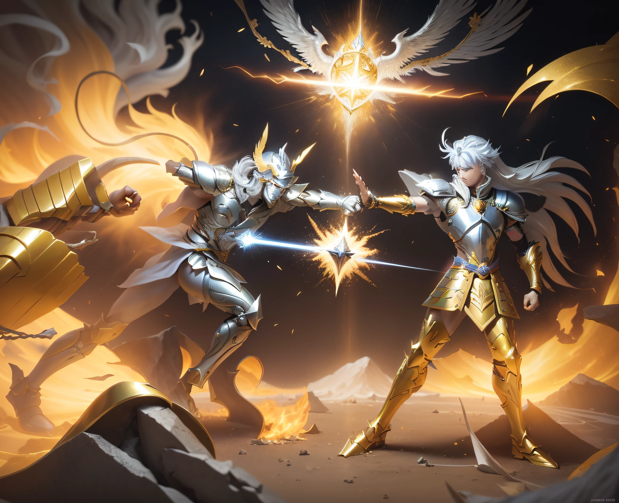 (The Silver Knight ikki of Phoenix:1.3),(The Golden Knight Shaka of Virgo:0.9),punch,fist,(temple destroyed:1.2),(dynamic moves:1.3),(ultra-detailed details:1.2),(golden armor:1.3) --auto --s2
