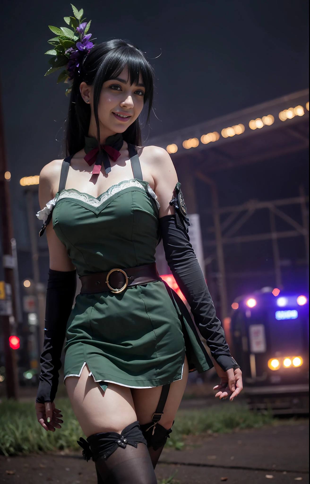((artistic photography)) Short dress,lace stockings ta sensual dark bright green,abandoned city and next to or train in a setting of ((night photography)) Lauren Jauregui, smiling cosplay expo body provided sexy