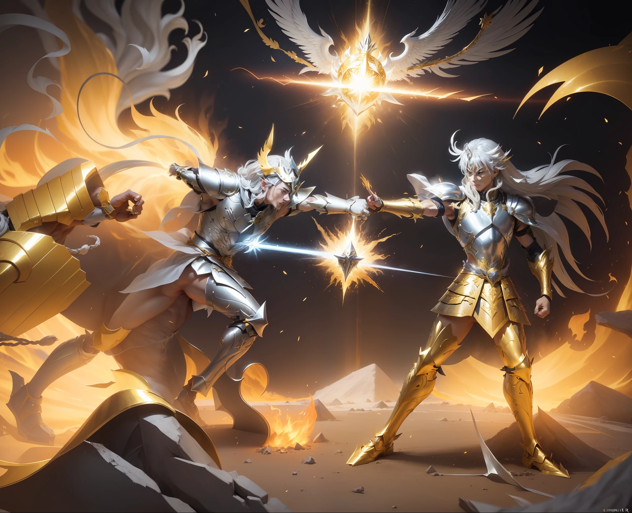 (The Silver Knight ikki of Phoenix:1.3),(The Golden Knight Shaka of Virgo:0.9),punch,fist,(temple destroyed:1.2),(dynamic moves:1.3),(ultra-detailed details:1.2),(golden armor:1.3) --auto --s2