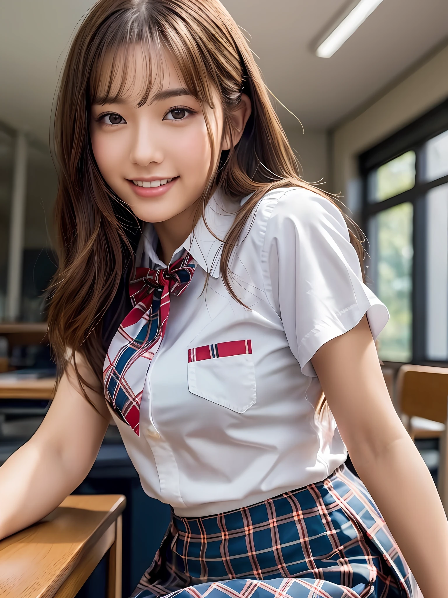 masterpiece, face close up shot, front view, a Japanese young pretty woman, sitting a chair and having a pen with big smile, glamorous figure, wearing a short sleeves white collared shirt with shiny red satin plain bow tie, wearing a blue tartan plaid skirt, absolutely pretty face, glossy lips, double eyelids in both eyes, Natural makeup, long eyelashes, shiny smooth light brown hair of medium length, asymmetrical bangs, tanned skin, alone in the classroom, a textbook and a note on the desk, head frame, central image, 8K resolution, high detail, detailed hairstyle, Detailed Face, spectacular cinematic lighting, octane rendering, vibrant, hyper realistic, perfect limbs, perfect anatomy