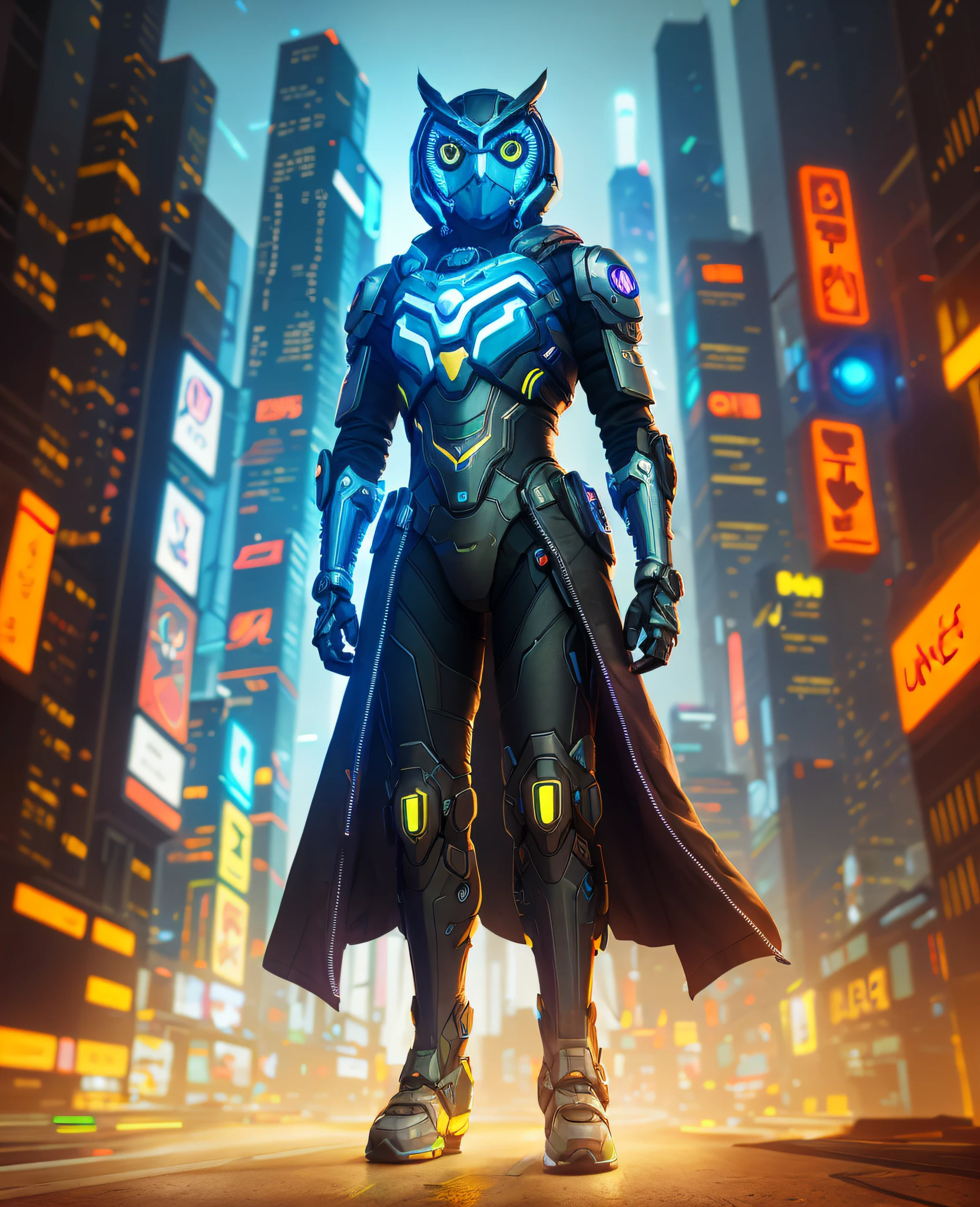 Owl in cybernetic armor, hero colorful pose city lighting, cyberpunk, nite - owl, 3 d render character art 8 k, cyberpunk cyborg wasp, cyber suit, as overwatch character, sigma of overwatch, blue cyborg, cyberpunk hero, full portrait of electromancer, cyberpunk bee, neon scales and cyborg technology
