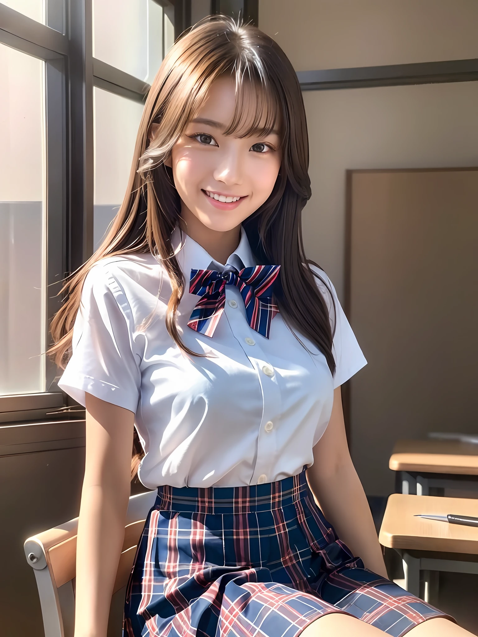 masterpiece, face close up shot, front view, a Japanese young pretty woman, sitting a chair and having a pen with big smile, glamorous figure, wearing a short sleeves white collared shirt with shiny red satin plain bow tie, wearing a blue tartan plaid skirt, absolutely pretty face, glossy lips, double eyelids in both eyes, Natural makeup, long eyelashes, shiny smooth light brown hair of medium length, asymmetrical bangs, tanned skin, alone in the classroom, a textbook and a note on the desk, head frame, central image, 8K resolution, high detail, detailed hairstyle, Detailed Face, spectacular cinematic lighting, octane rendering, vibrant, hyper realistic, perfect limbs, perfect anatomy