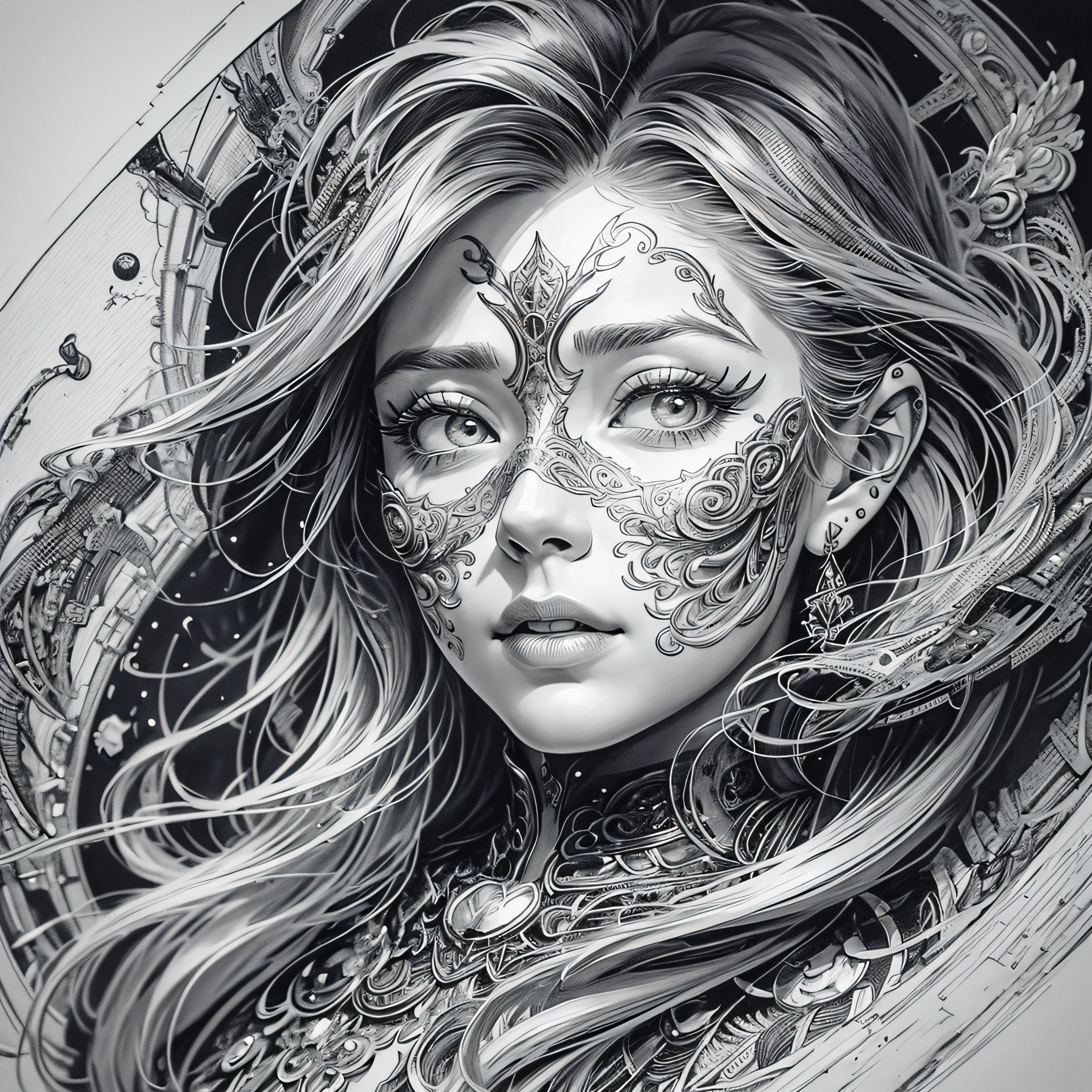 white and black, art coloring page,drawings for adults to paint, men print, highly detailed illustration, line art illustration, very detailed face and ears, intricate detailed illustration, detailed line art, highly detailed portrait, line art coloring page, very detailed illustration, hyper detailed line art, highly detailed line work,  illustration of intricate details, detailed line drawing of clean ink, very very detailed --auto --s2