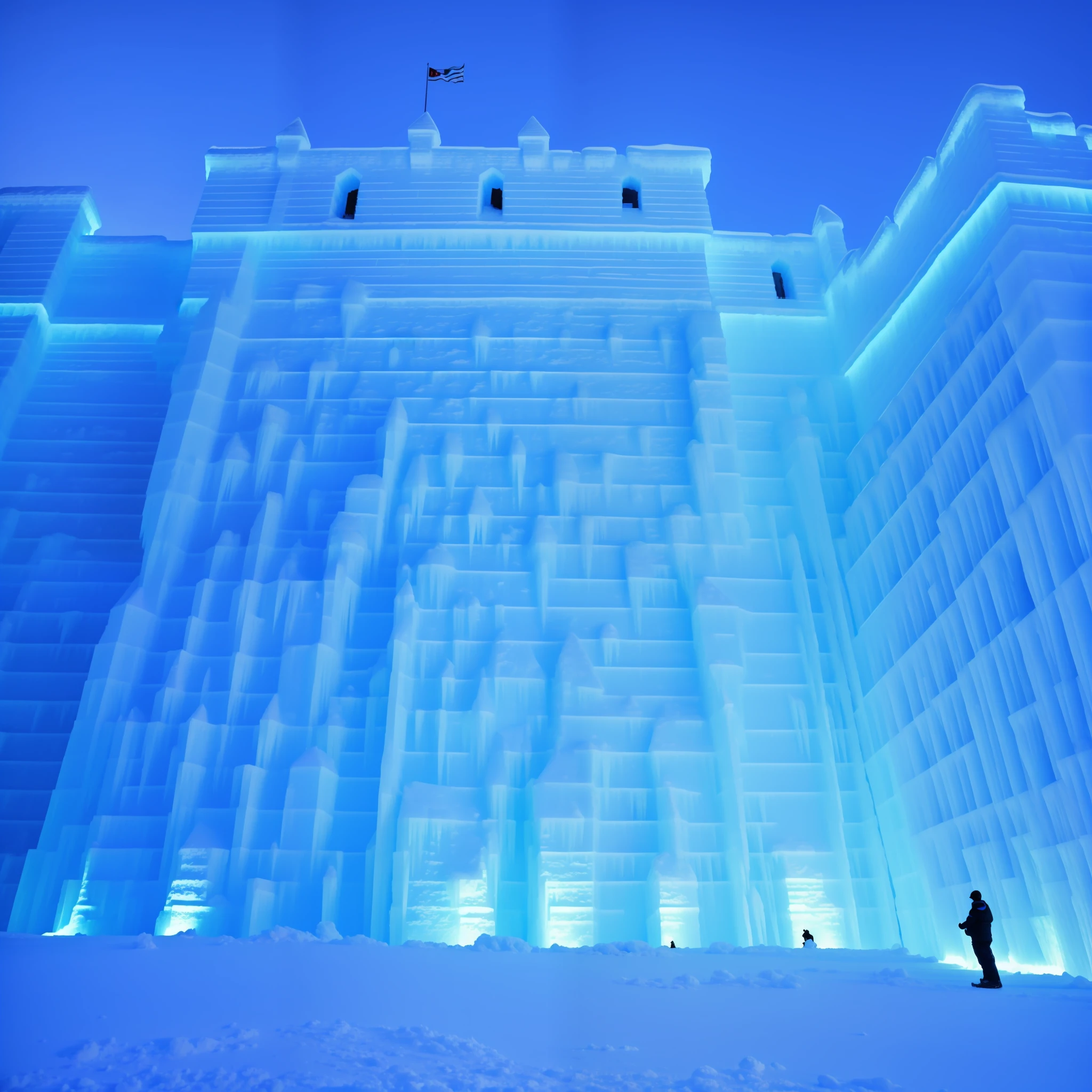 Ice wall 200 meters high and 50 kilometers long, with bluish glow. Next to the wall, castle with three towers, made of stone, with the appearance of an old man. photo