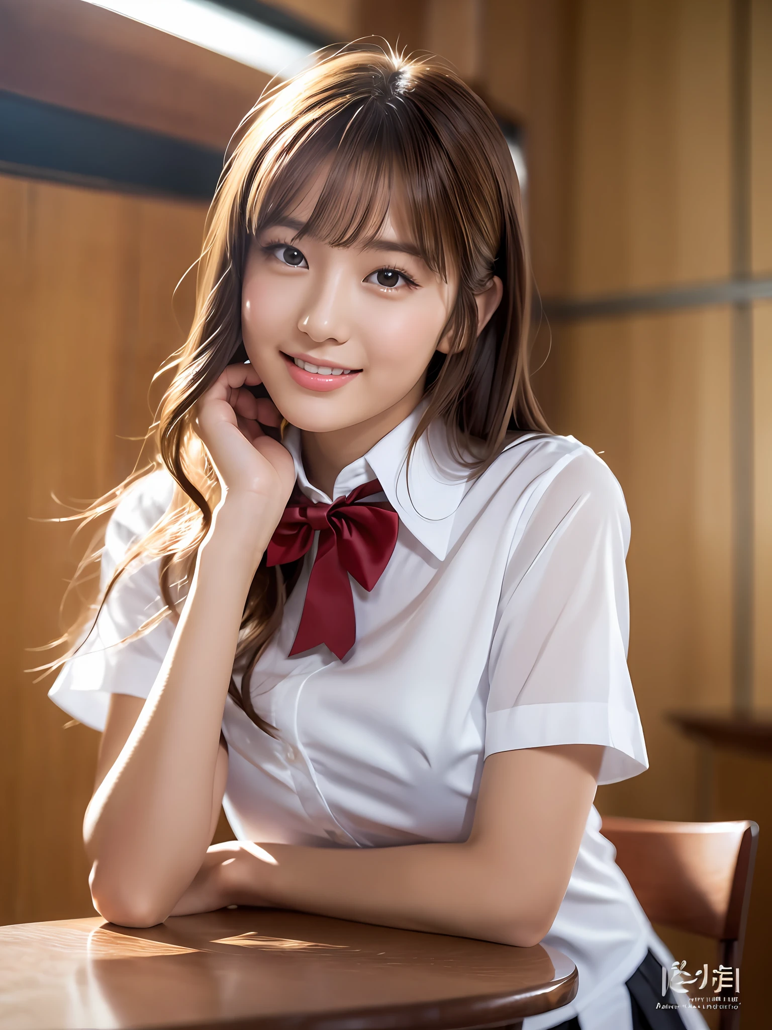 masterpiece, upper body shot, front view, a Japanese young pretty woman, sitting a chair and resting her chin in her palm with big smile, glamorous figure, wearing a short sleeves white collared shirt with shiny red satin plain bow tie, absolutely pretty face, glossy lips, double eyelids in both eyes, Natural makeup, long eyelashes, shiny smooth light brown hair of medium length, asymmetrical bangs, tanned skin, in the classroom, head frame, central image, 8K resolution, high detail, detailed hairstyle, Detailed Face, spectacular cinematic lighting, octane rendering, vibrant, hyper realistic, perfect limbs, perfect anatomy