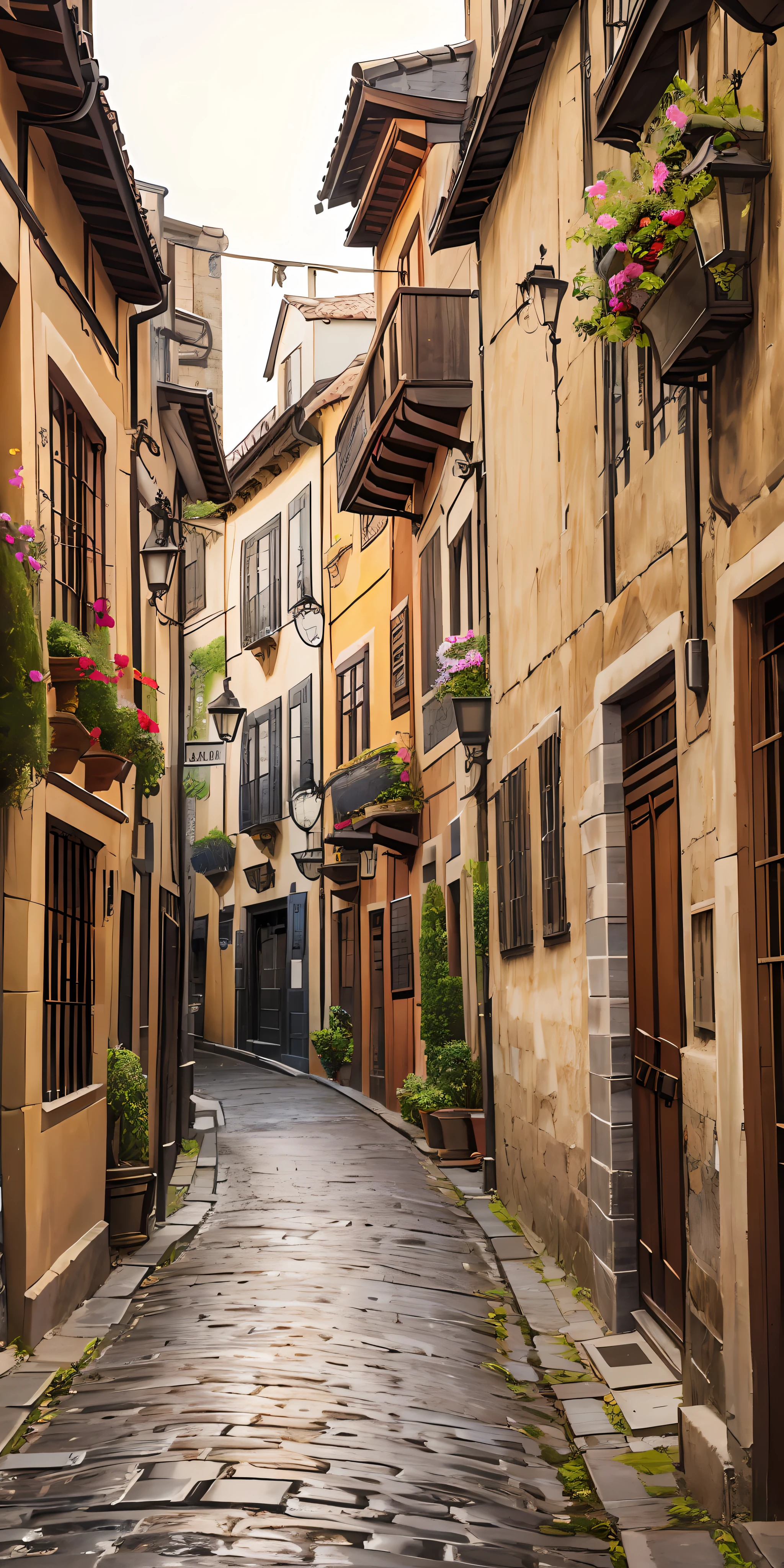 there is a cobblestone street with buildings and a clock on the side, baroque winding cobbled streets, narrow and winding cozy streets, narrow streets, sloped street, spanish alleyway, colonial era street, spanish ghibli alleyway, narrow street, shutterstock, prefecture streets, cobblestone streets, ancient city streets behind her, narrow, nice, old town, spain
