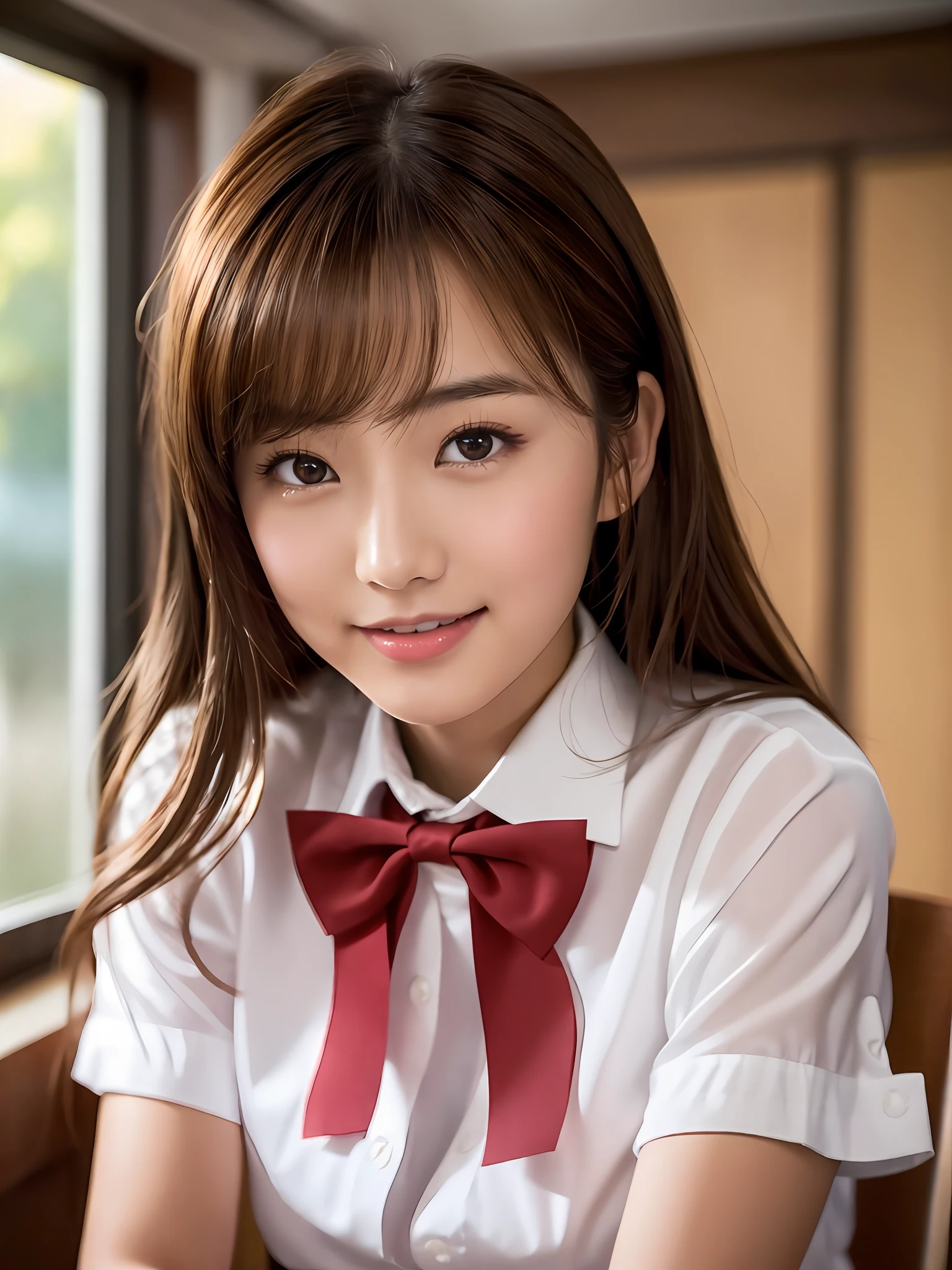 masterpiece, upper body shot, front view, a Japanese young pretty woman, sitting a chair and resting her chin in her palm with big smile, glamorous figure, wearing a short sleeves white collared shirt with shiny red satin plain bow tie, absolutely pretty face, glossy lips, double eyelids in both eyes, Natural makeup, long eyelashes, shiny smooth light brown hair of medium length, asymmetrical bangs, tanned skin, in the classroom, head frame, central image, 8K resolution, high detail, detailed hairstyle, Detailed Face, spectacular cinematic lighting, octane rendering, vibrant, hyper realistic, perfect limbs, perfect anatomy