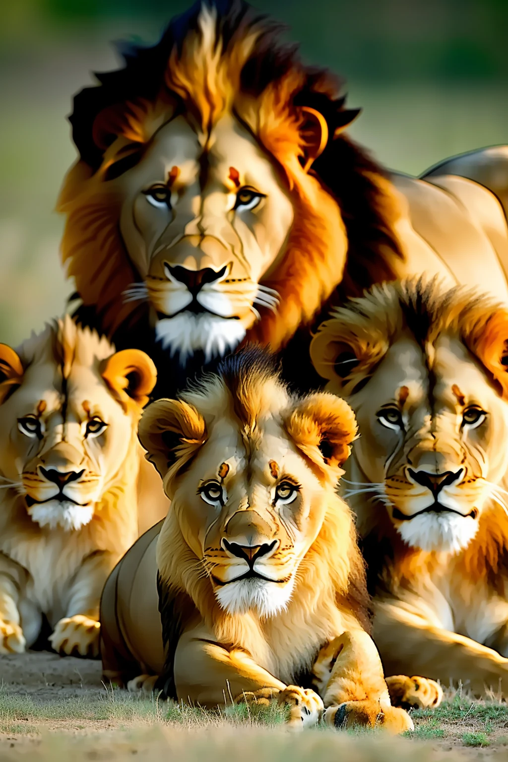 (((A couple of lions))) with (((three babies))) lions. The three lion babies are small and cute. Adult lions are imposing. The ((background of the image is completely dark)). The image is extremely realistic and detailed. Kinematic lighting.  ((Wide-angle lens)) to show lion family, eye level, center of image