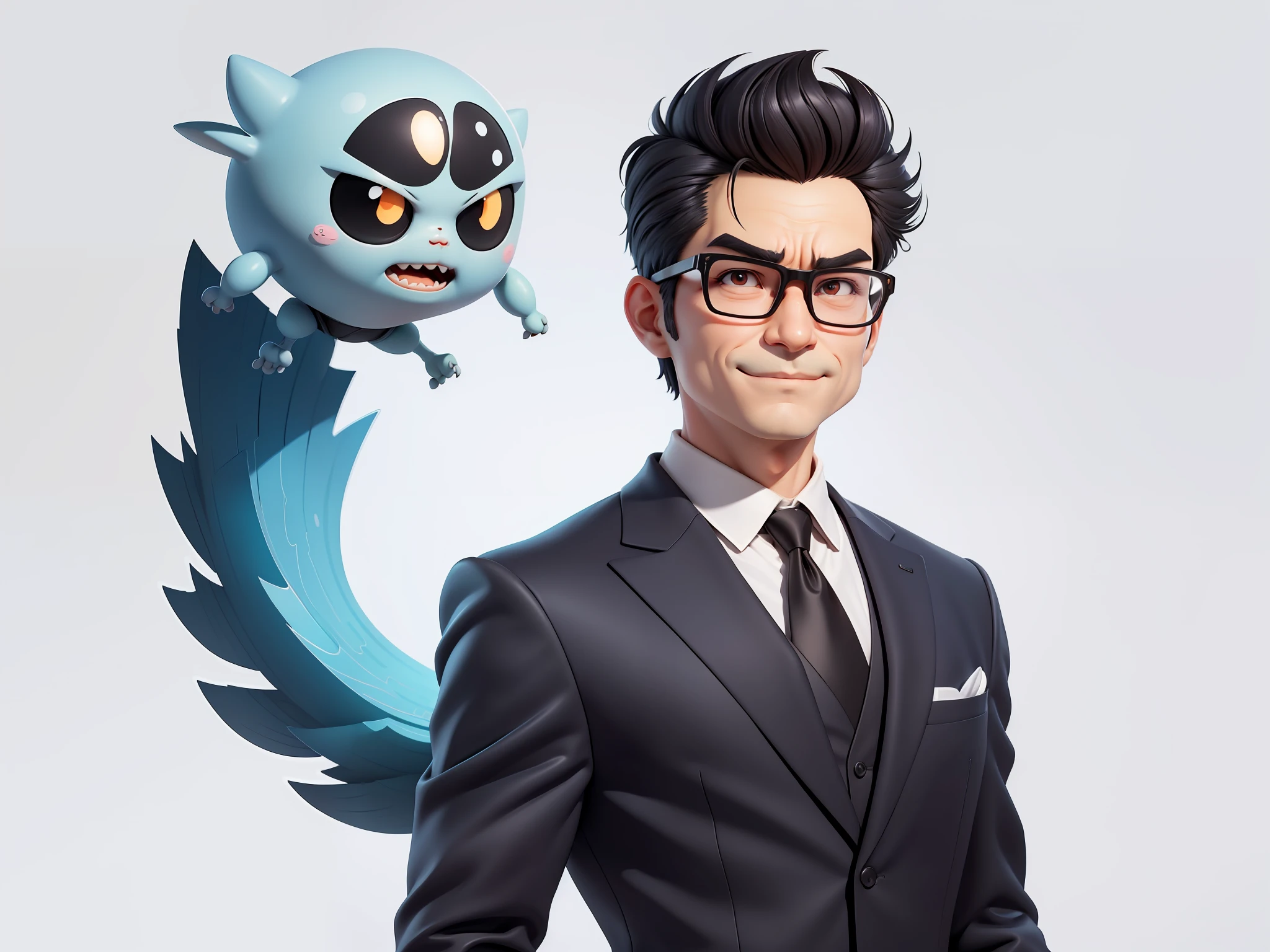 (Masterpiece), (Excellent), (Super Meticulous), (Full Body: 1.2), Super Young Man, Oriental Face, TV Anchor, Bust Portrait Illustration, Alone, Black Suit, Blue Tie, Silver Glasses, Slightly Chubby Face, Very Clean Face, No Beard, Black Super Short Hair, Black Eyes, Confident Smile, 3c Computer Sub-Products, iPad, iPhone, Digital Painting, 3D Character Design by Mark Clairen and Pixar and Hayao Miyazaki, the illustration is HD illustration in 4K resolution, With very detailed facial features and cartoon-style visuals.