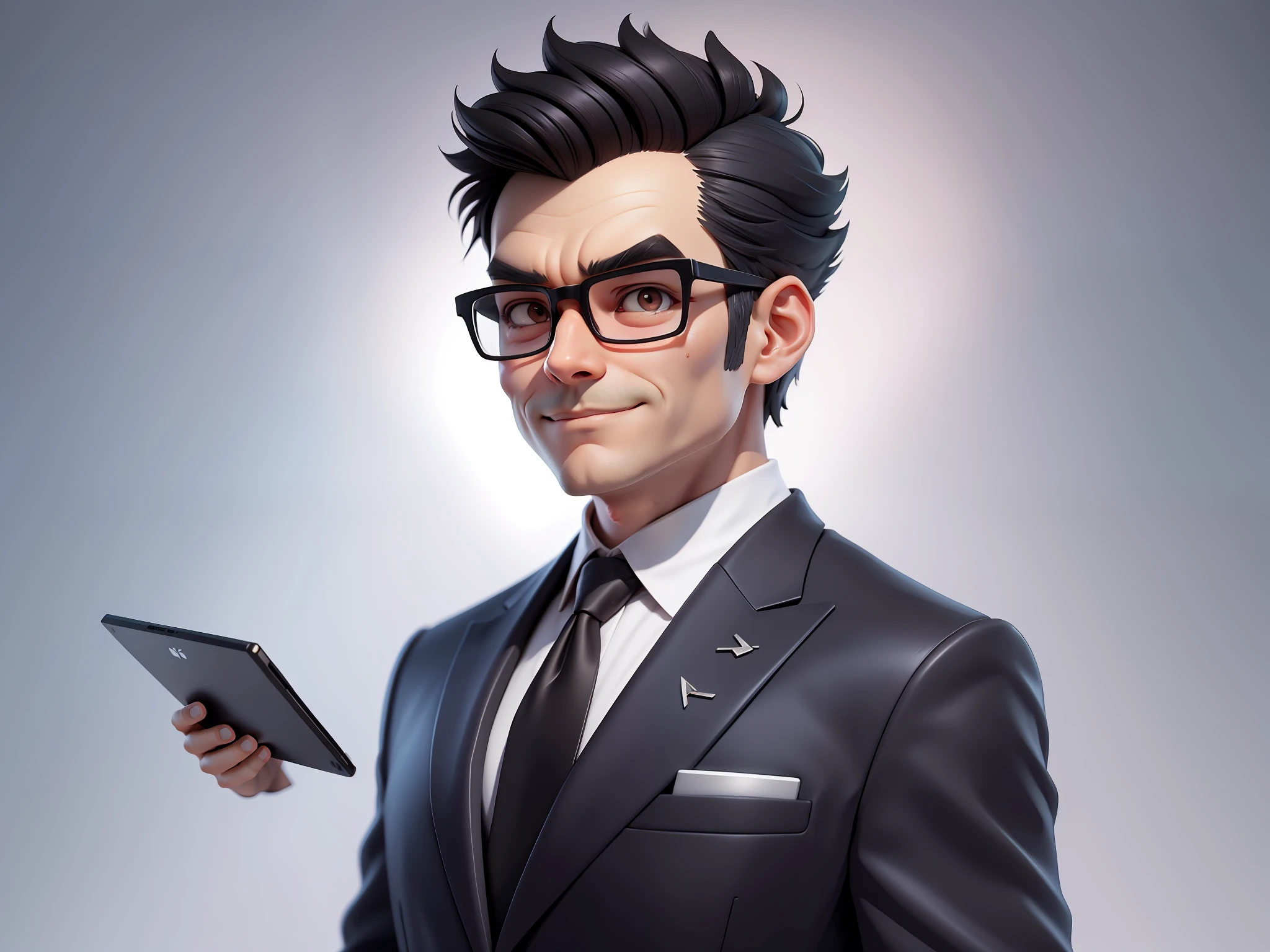 (Masterpiece), (Excellent), (Super Meticulous), (Full Body: 1.2), Super Young Man, Oriental Face, TV Anchor, Bust Portrait Illustration, Alone, Black Suit, Blue Tie, Silver Glasses, Slightly Chubby Face, Very Clean Face, No Beard, Black Super Short Hair, Black Eyes, Confident Smile, 3c Computer Sub-Products, iPad, iPhone, Digital Painting, 3D Character Design by Mark Clairen and Pixar and Hayao Miyazaki, the illustration is HD illustration in 4K resolution, With very detailed facial features and cartoon-style visuals.