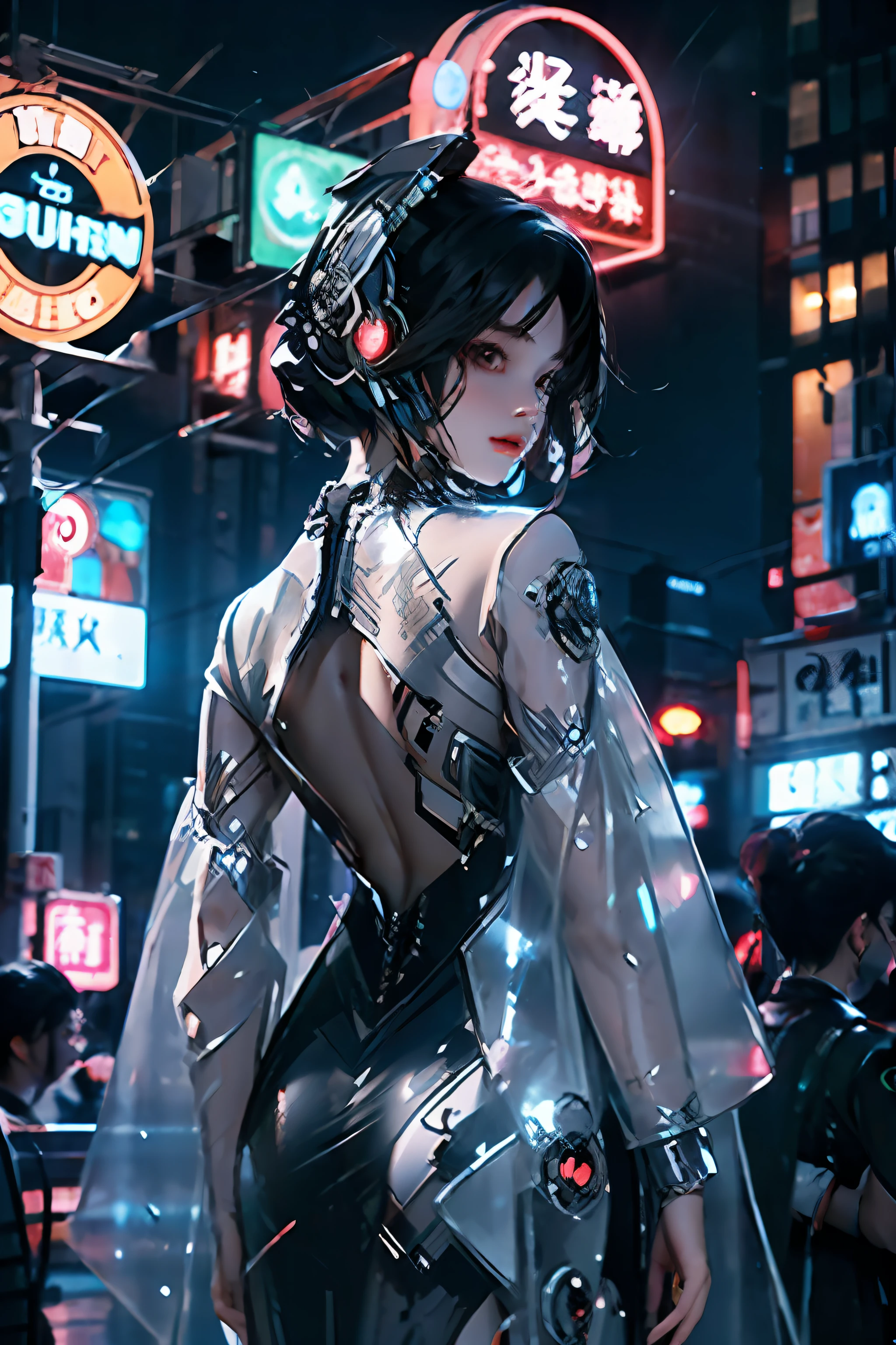 Super Resolution, (Realistic: 1.3) 1 Girl, Cyberhan, Cyberpunk City, Night, Neon, Lantern, Solo, Delicate Face, Delicate Eyes, Short Hair, Cat, Full Body, Back, Back to the Audience