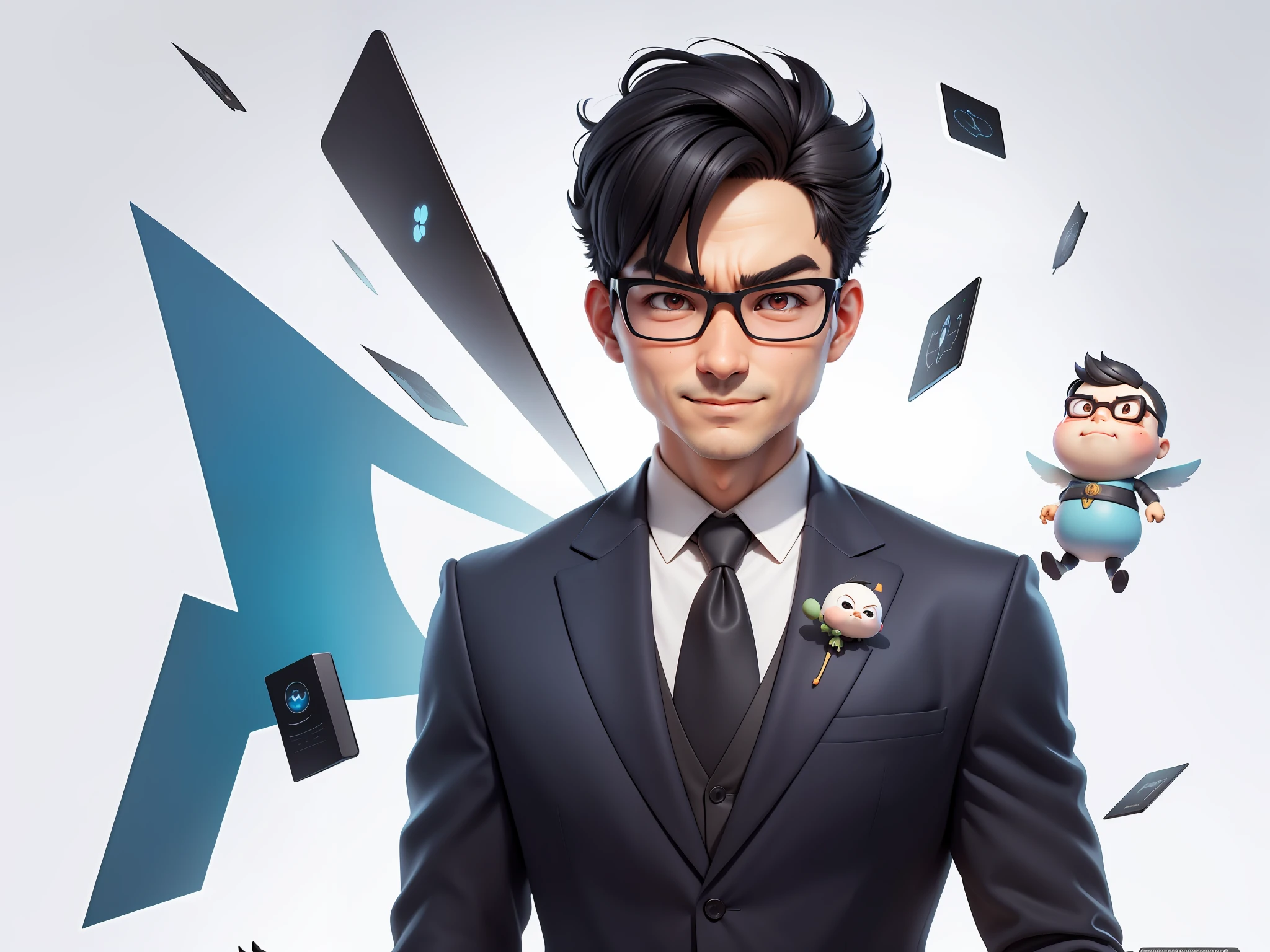 (Masterpiece), (Excellent), (Super Meticulous), (Full Body: 1.2), Super Young Man, Oriental Face, TV Anchor, Bust Portrait Illustration, Alone, Black Suit, Blue Tie, Silver Glasses, Slightly Chubby Face, Very Clean Face, No Beard, Black Super Short Hair, Black Eyes, Confident Smile, 3c Computer Sub-Products, iPad, iPhone, Digital Painting, 3D Character Design by Mark Clairen and Pixar and Hayao Miyazaki, the illustration is HD illustration in 4K resolution, With very detailed facial features and cartoon-style visuals.