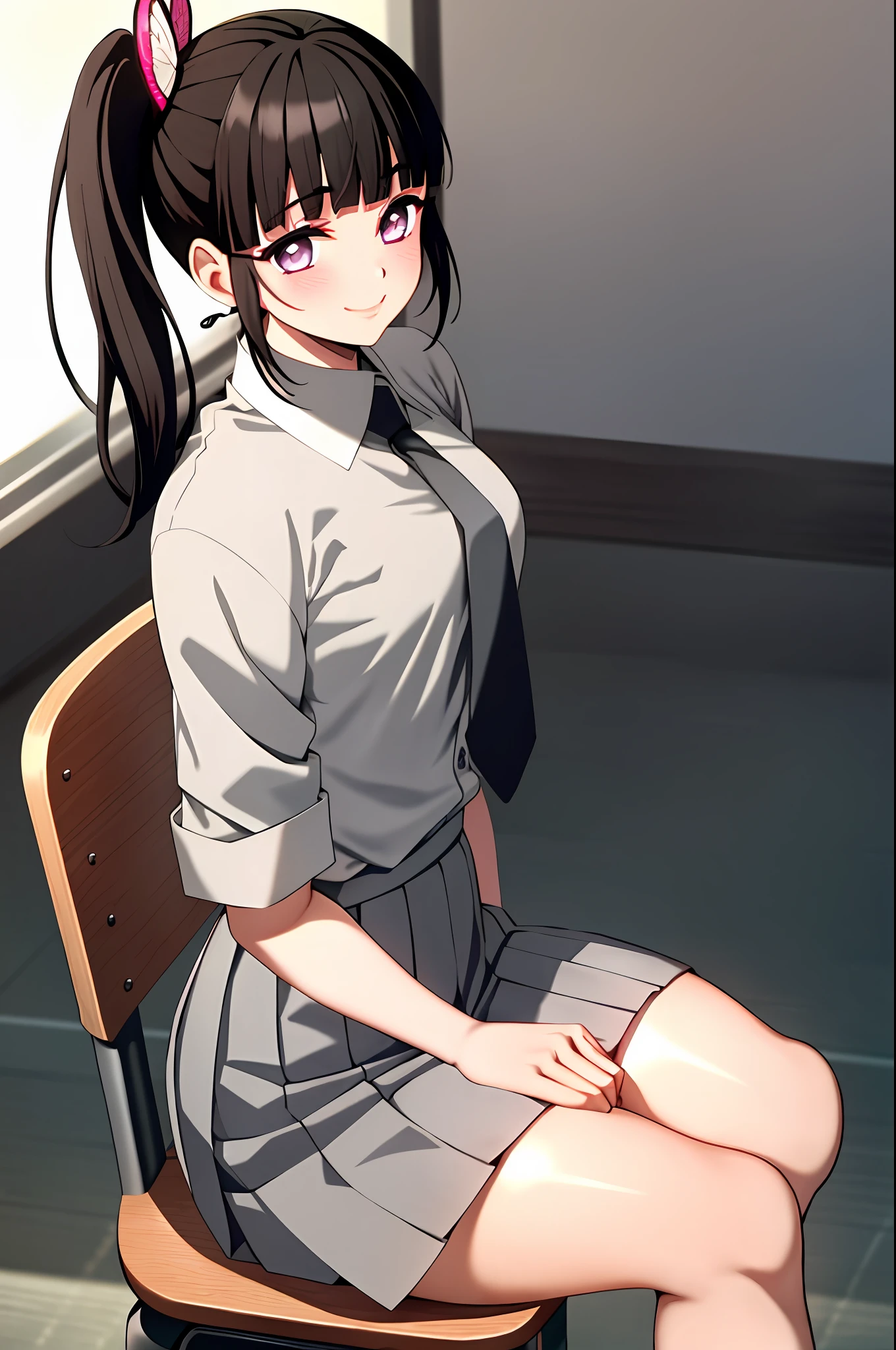 kimetsu no yaiba style, 1girl, butterfly hair ornament, hair ornament, white shirt, solo, purple eyes, side ponytail, smile, bangs,  ((masterpiece)), pleated skirt, face at viewer, look at viewer, ((grey skirt)), grey necktie, grey long necktie, school, indoor, desk, chair, classroom, stocking, blush, shy, sexy pose, grey office necktie, grey pleated skirt, short sleeve, long necktie, brown symbol on pocket chest, INDONESIAN HIGH SCHOOL UNIFORM,